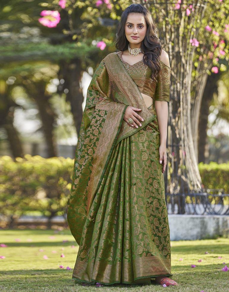 Green Organza Plain Banarasi Saree - Image 6