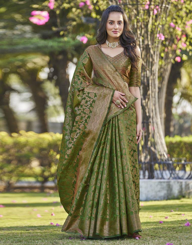Green Organza Plain Banarasi Saree - Image 7