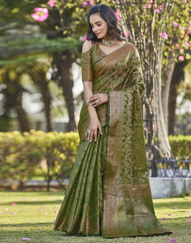 Green Organza Plain Banarasi Saree - Image 8