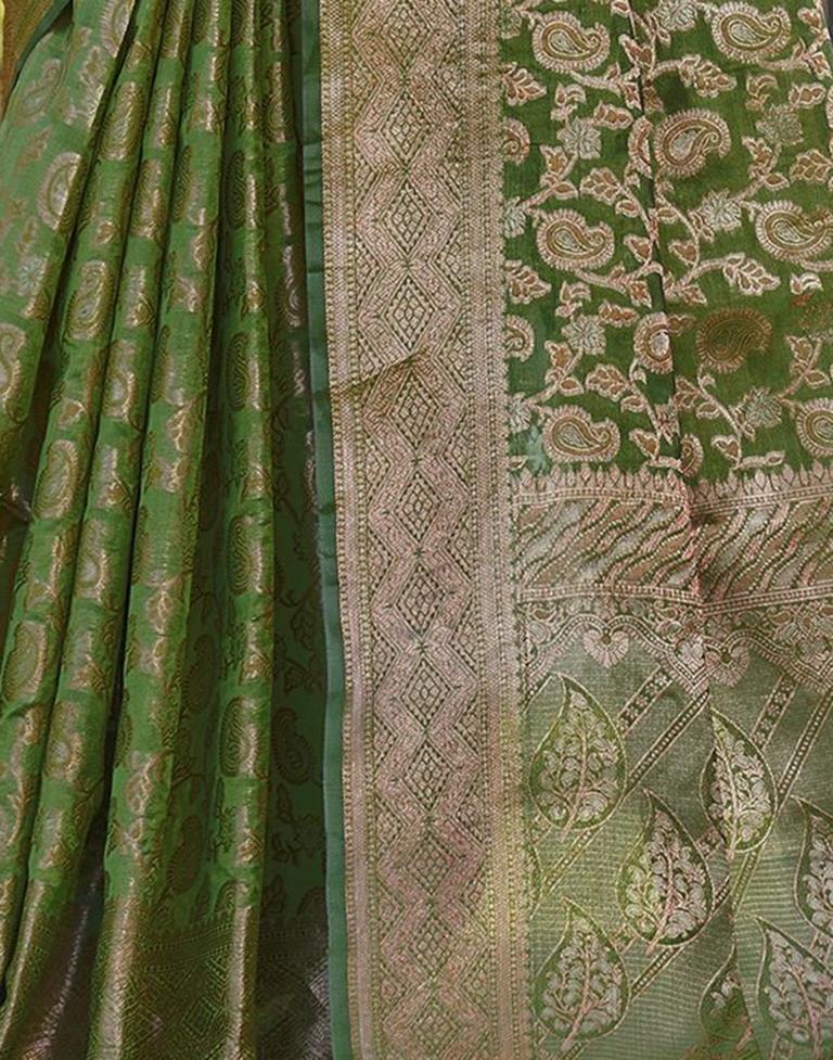 Green Organza Plain Banarasi Saree - Image 9