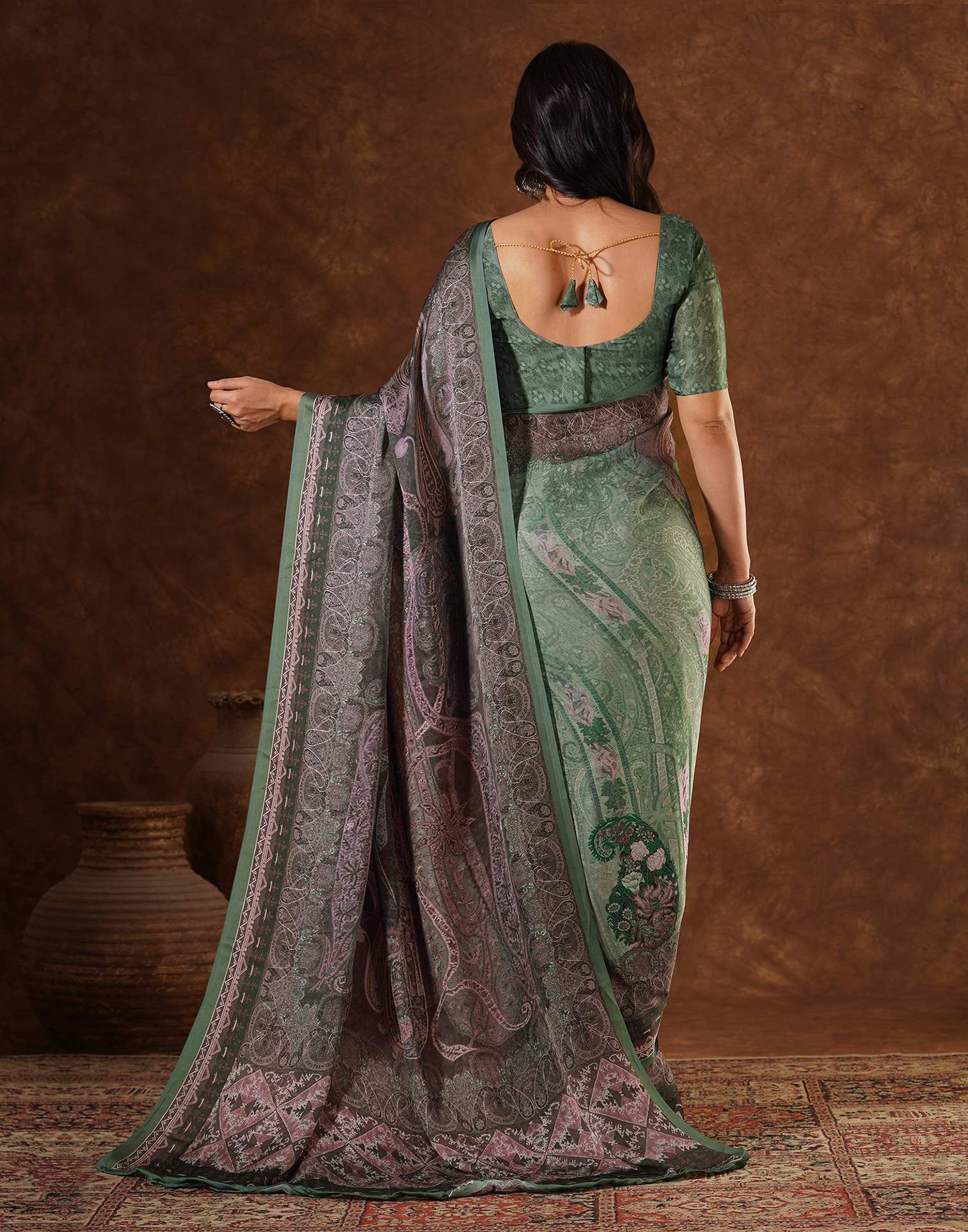 Green Satin Printed Saree - Image 6