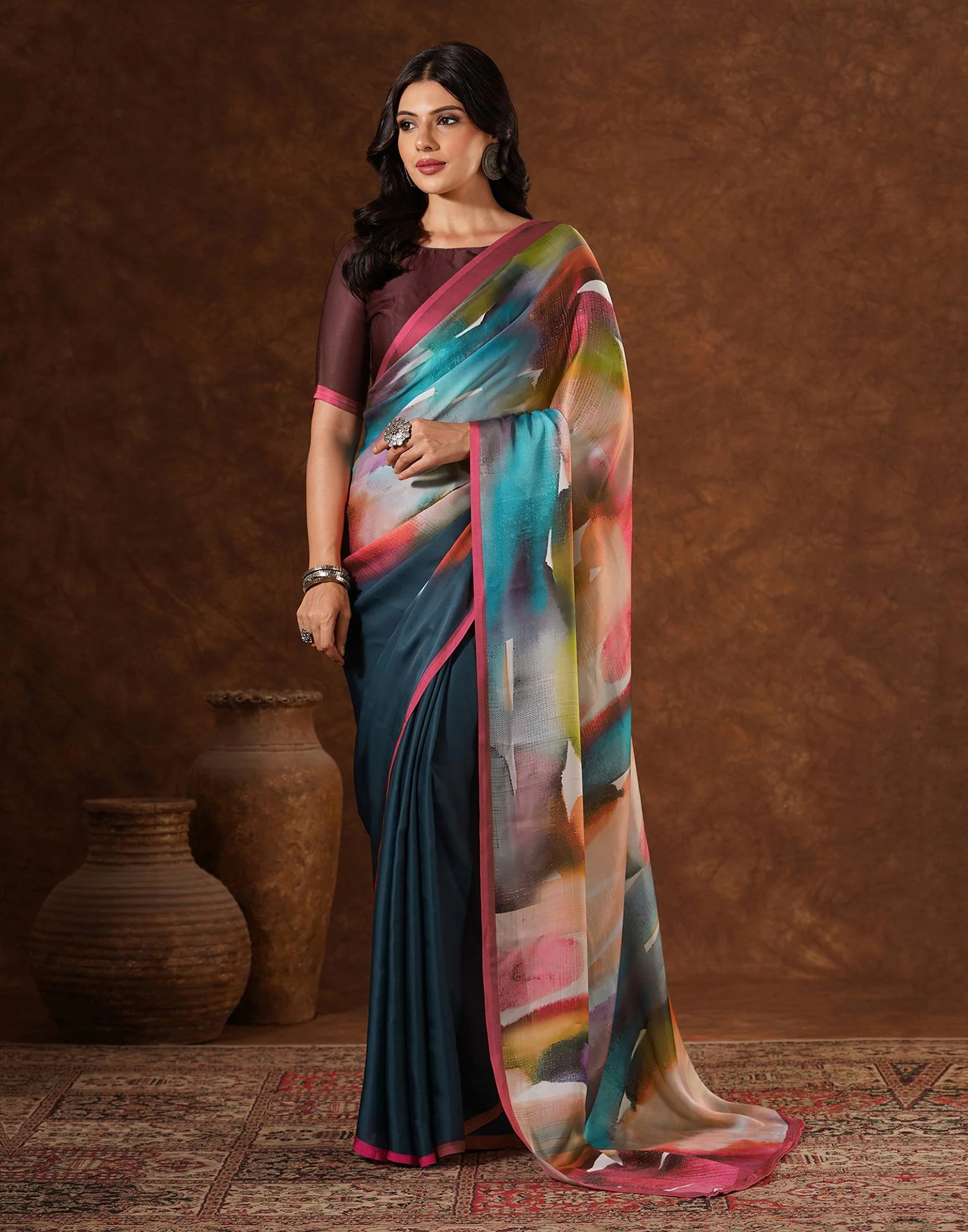 Green Satin Printed Saree