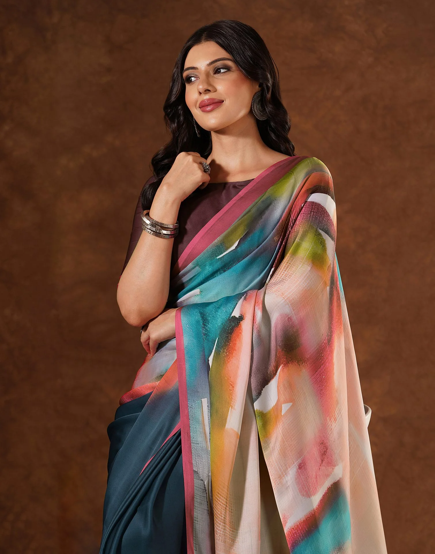 Green Satin Printed Saree - Image 2