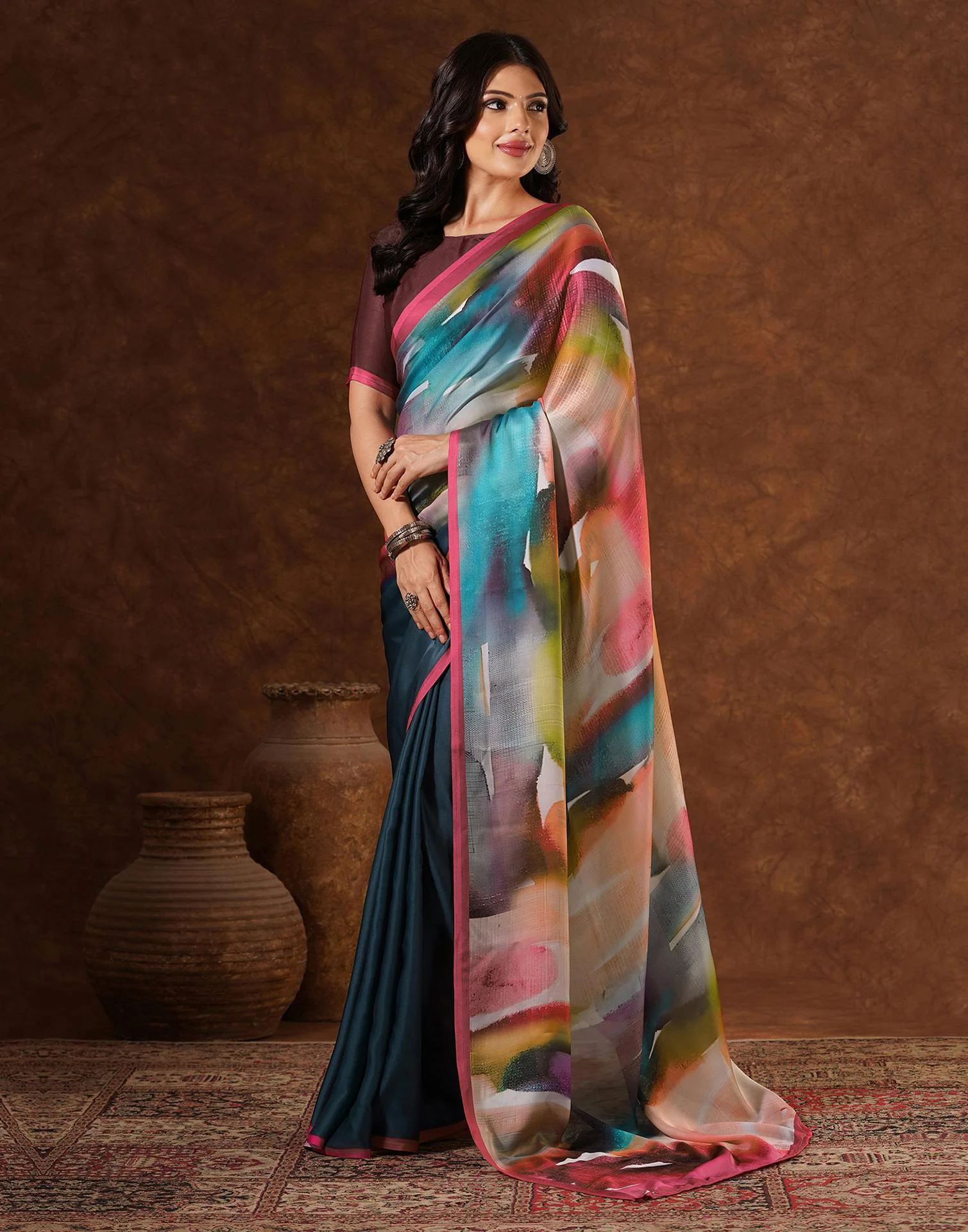 Green Satin Printed Saree - Image 4