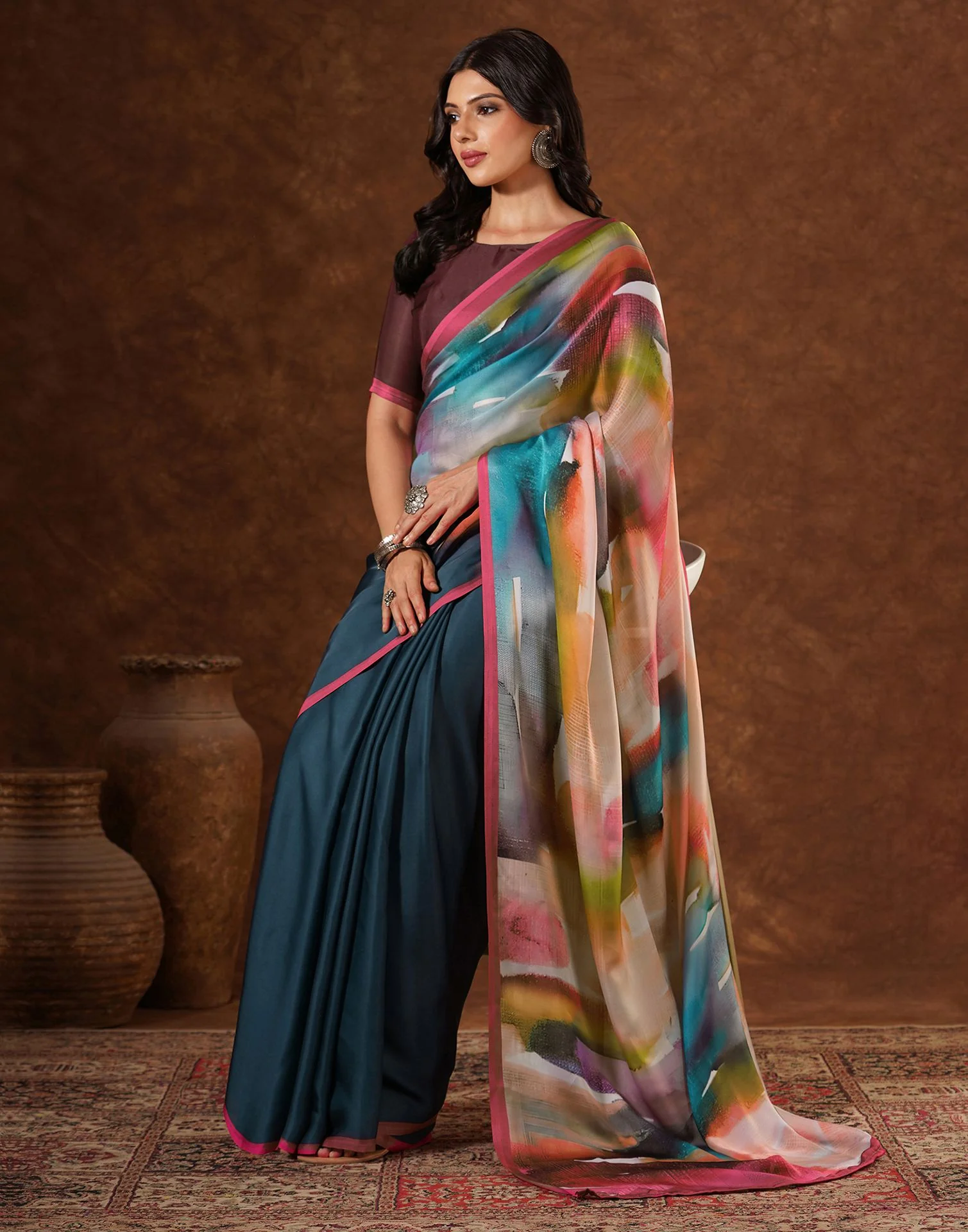 Green Satin Printed Saree - Image 5