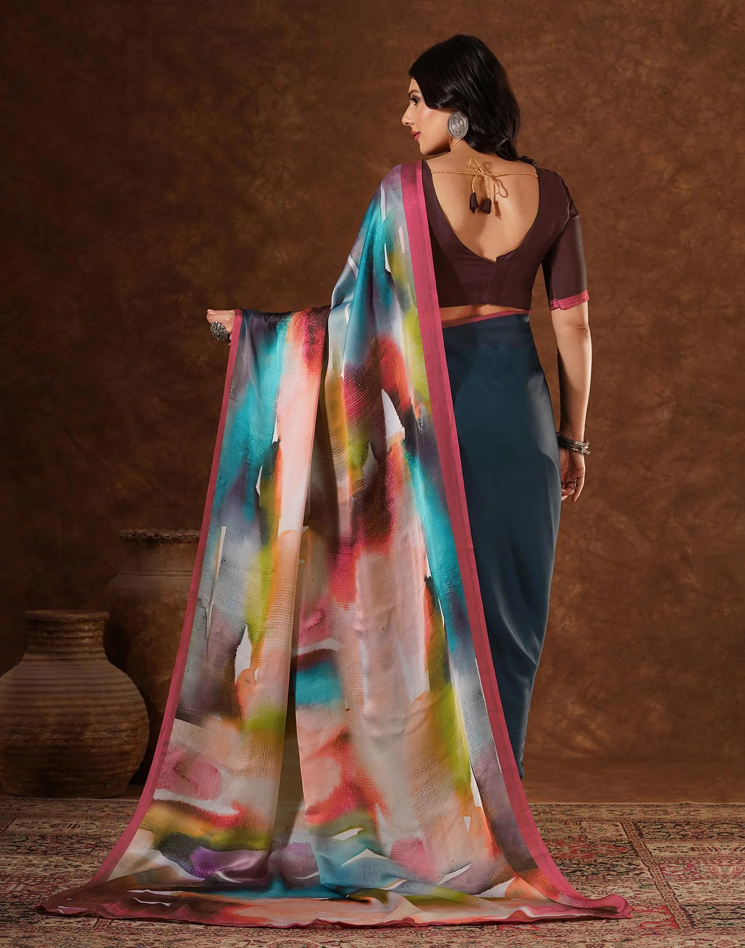Green Satin Printed Saree - Image 6