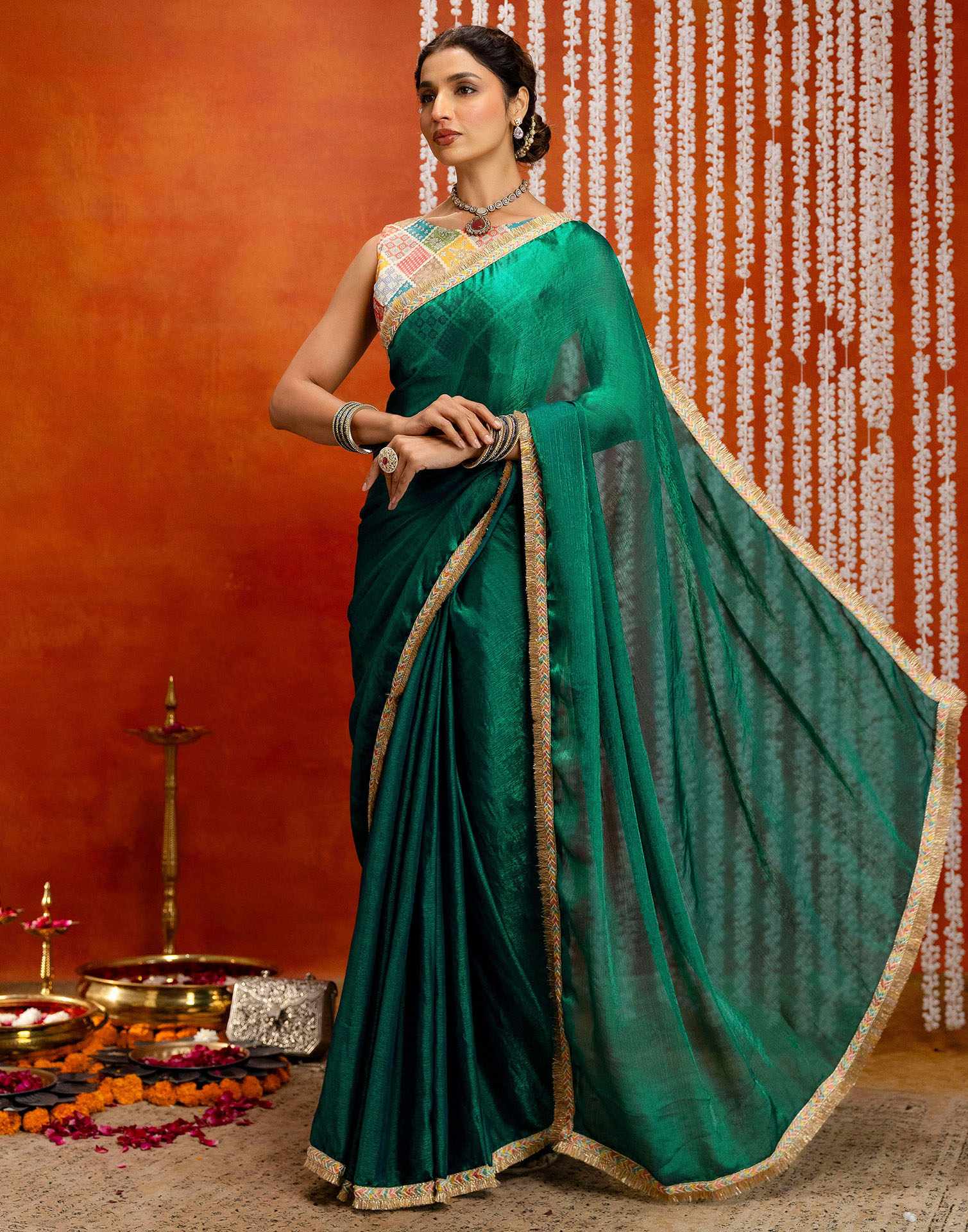 Green Shimmer Lace Saree - Image 5