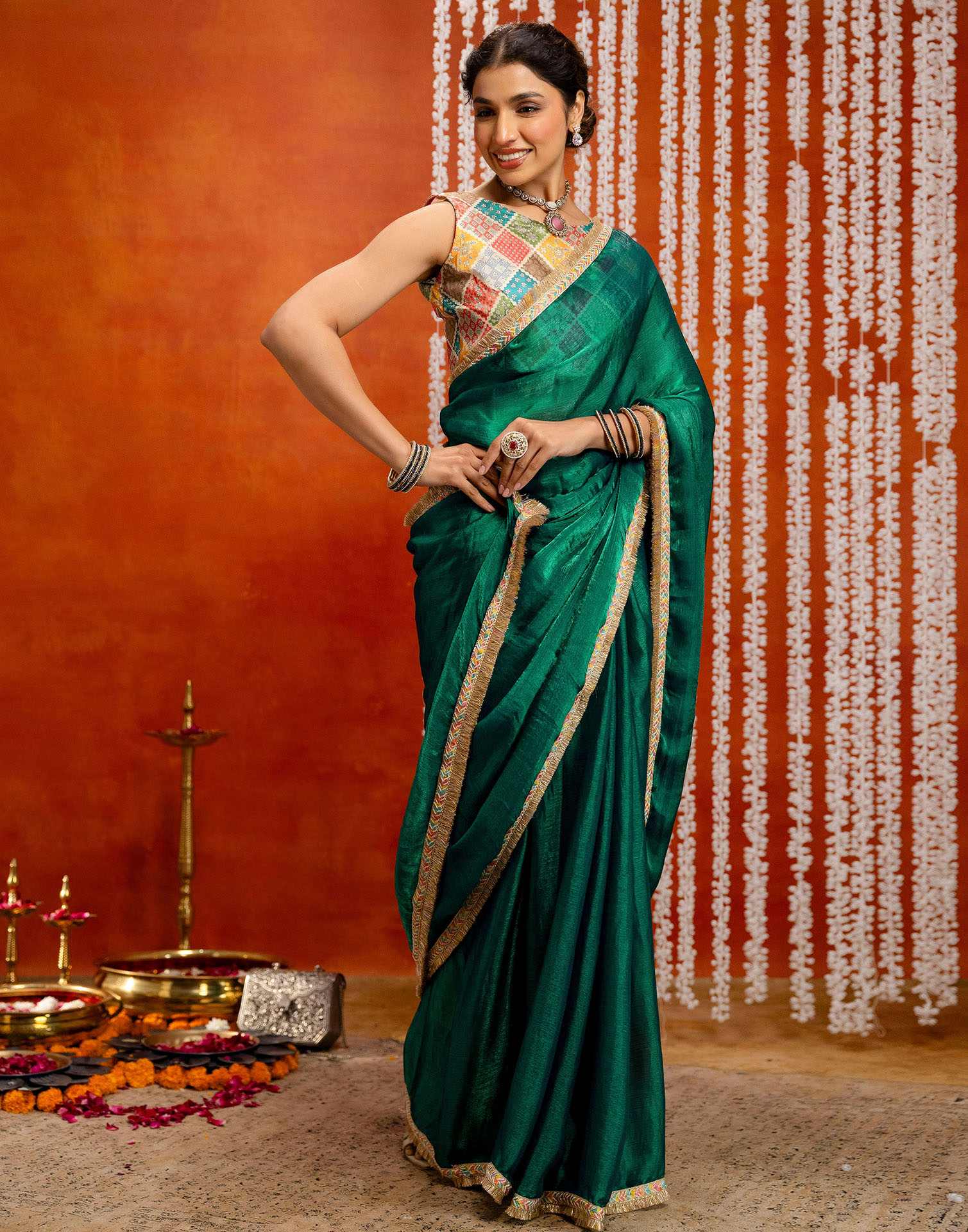 Green Shimmer Lace Saree - Image 6