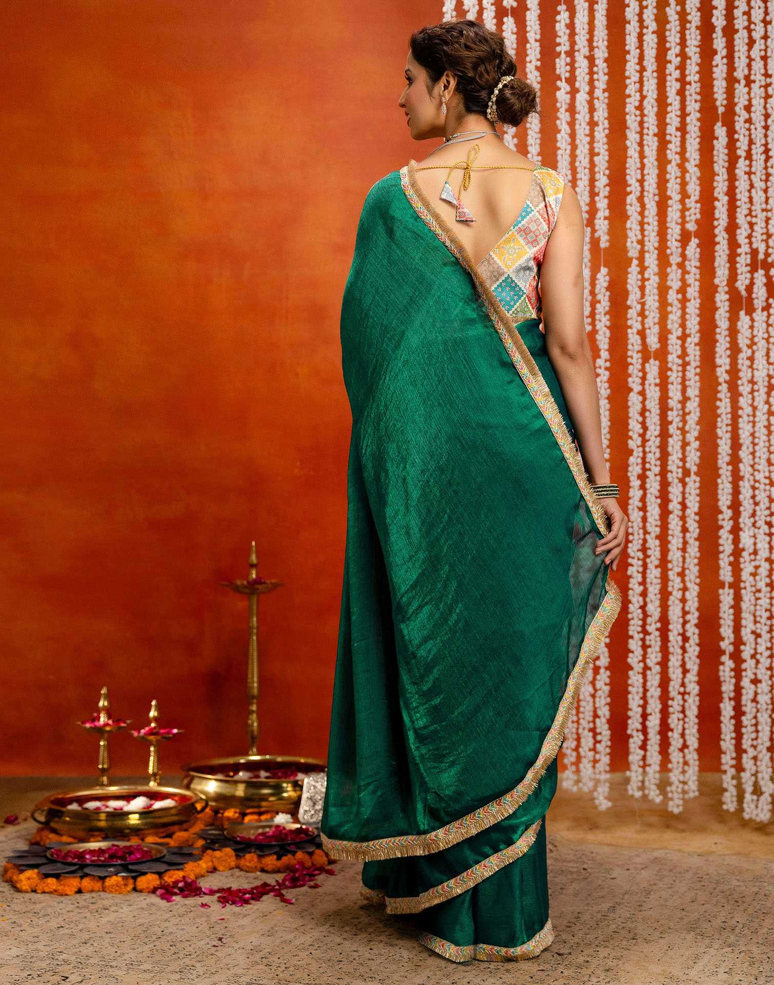 Green Shimmer Lace Saree - Image 7