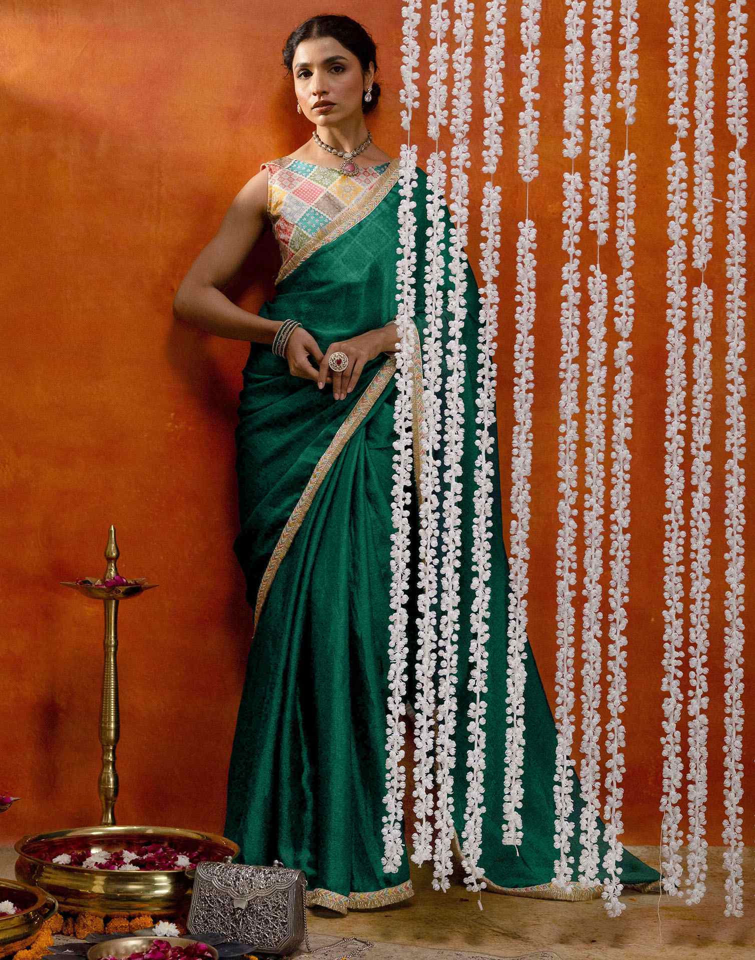 Green Shimmer Lace Saree - Image 8