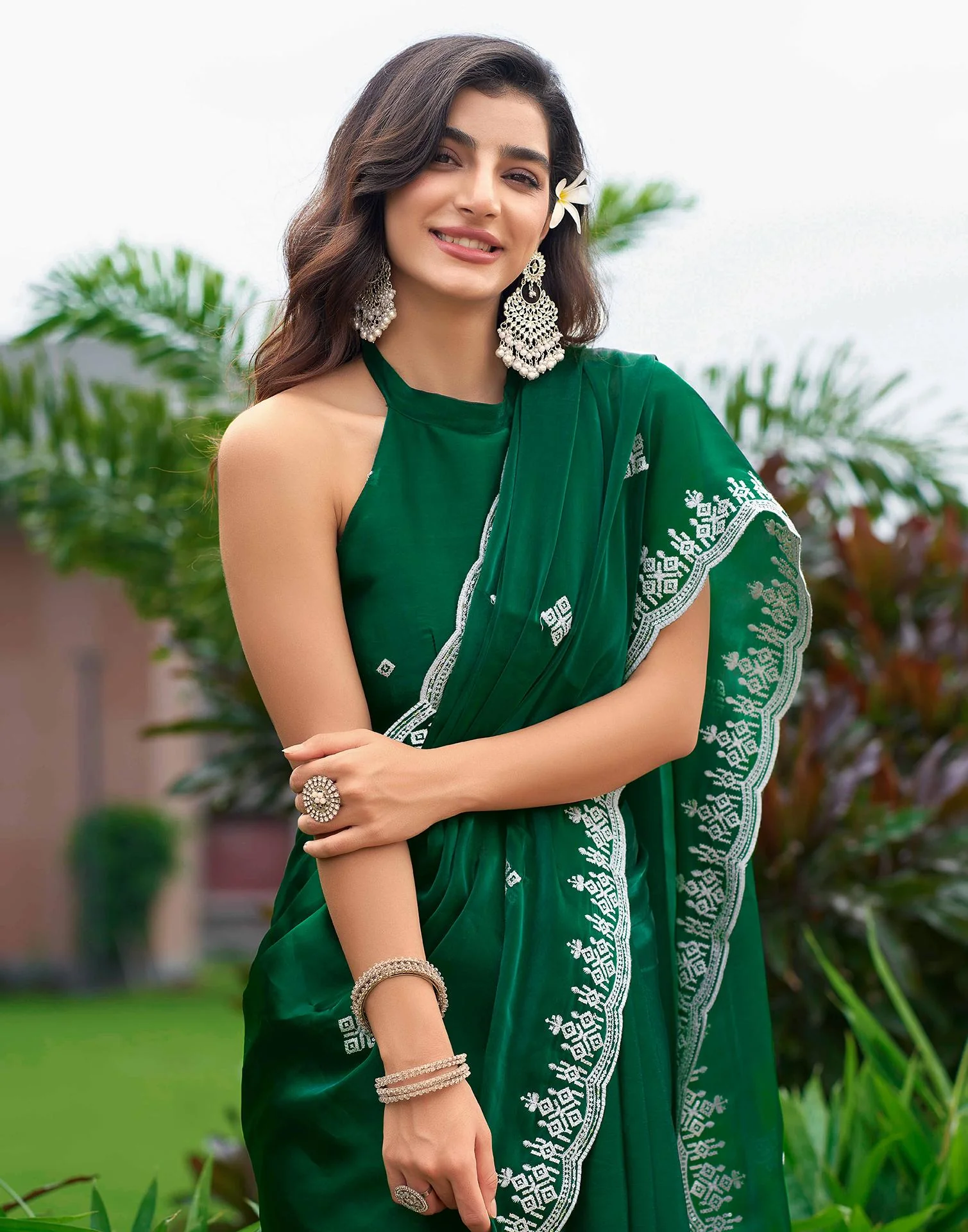 Green Shimmer Sequence Embroidery Saree - Image 4