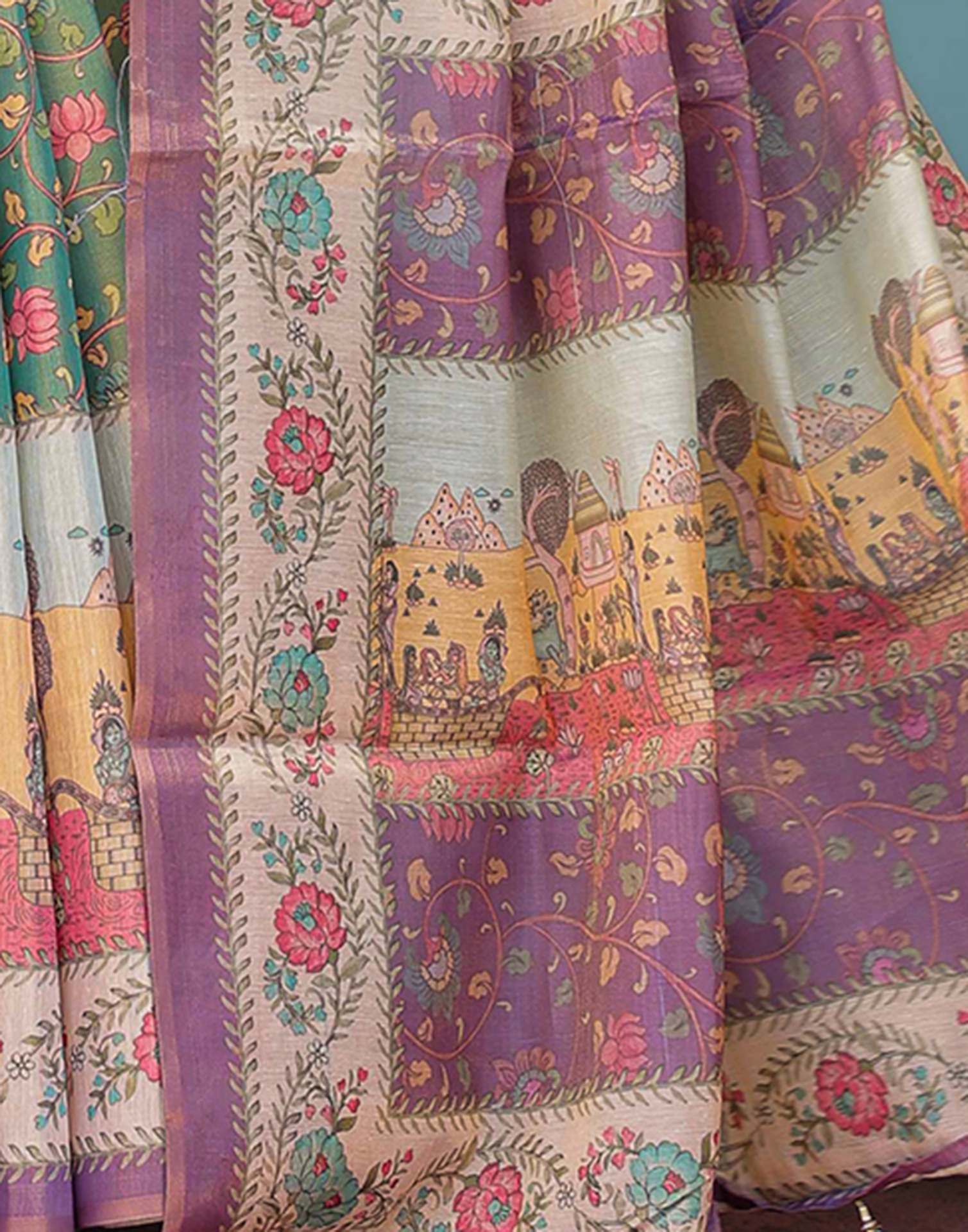 Green Shimmer Silk Printed Saree - Image 11