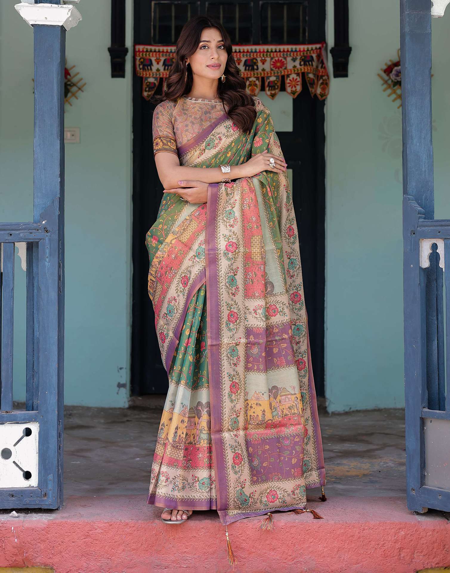 Green Shimmer Silk Printed Saree - Image 7