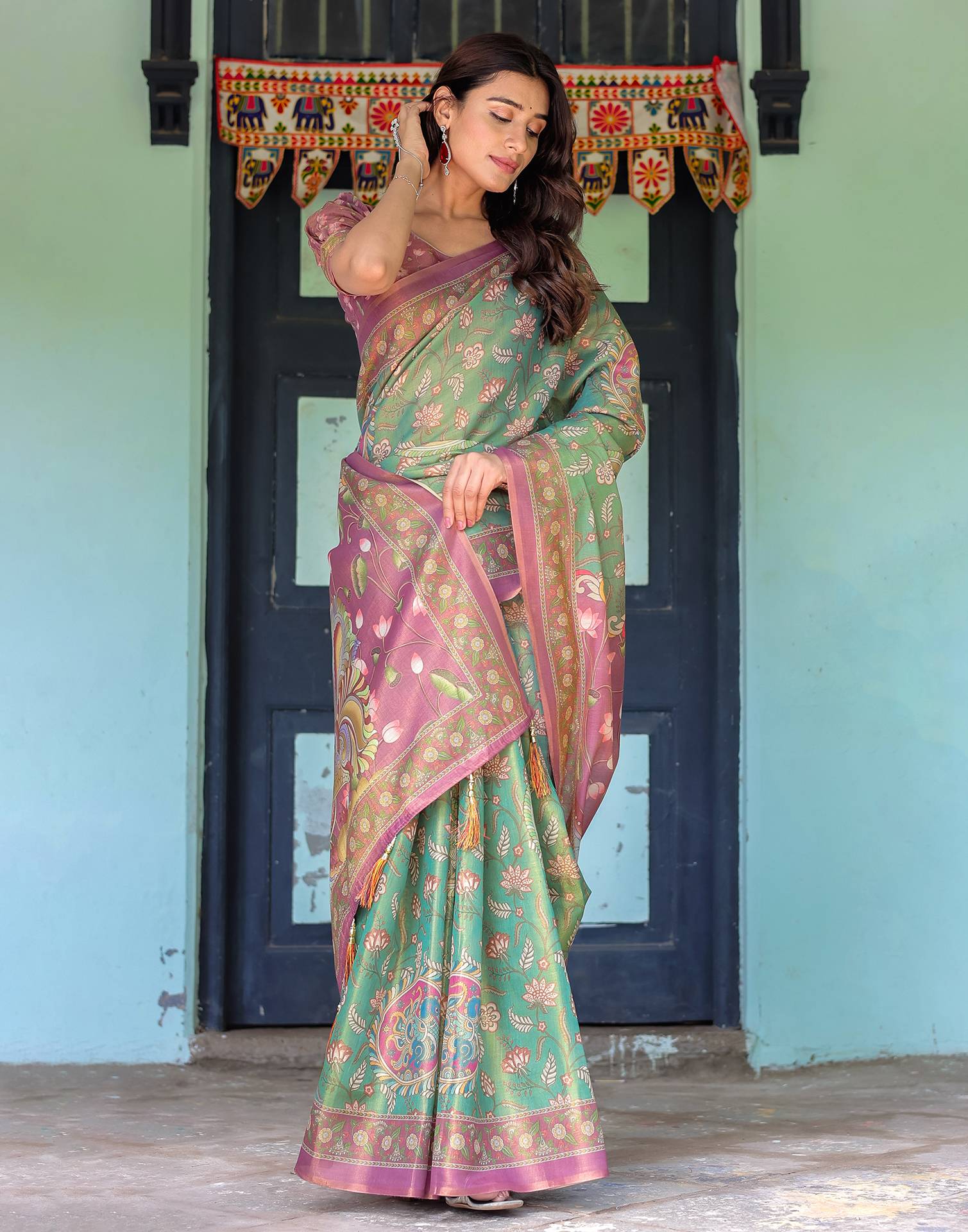 Green Shimmer Silk Printed Saree - Image 11