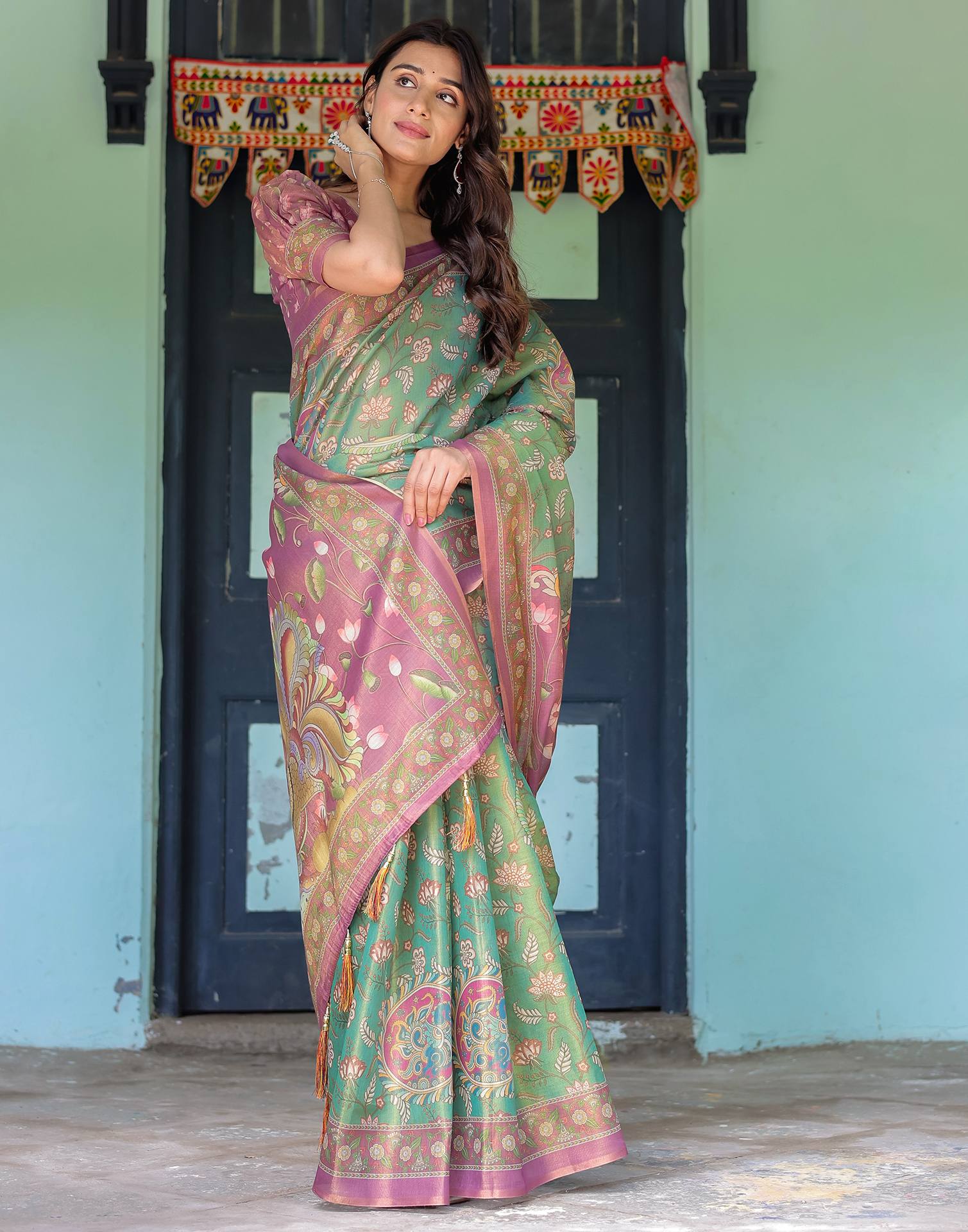 Green Shimmer Silk Printed Saree - Image 12