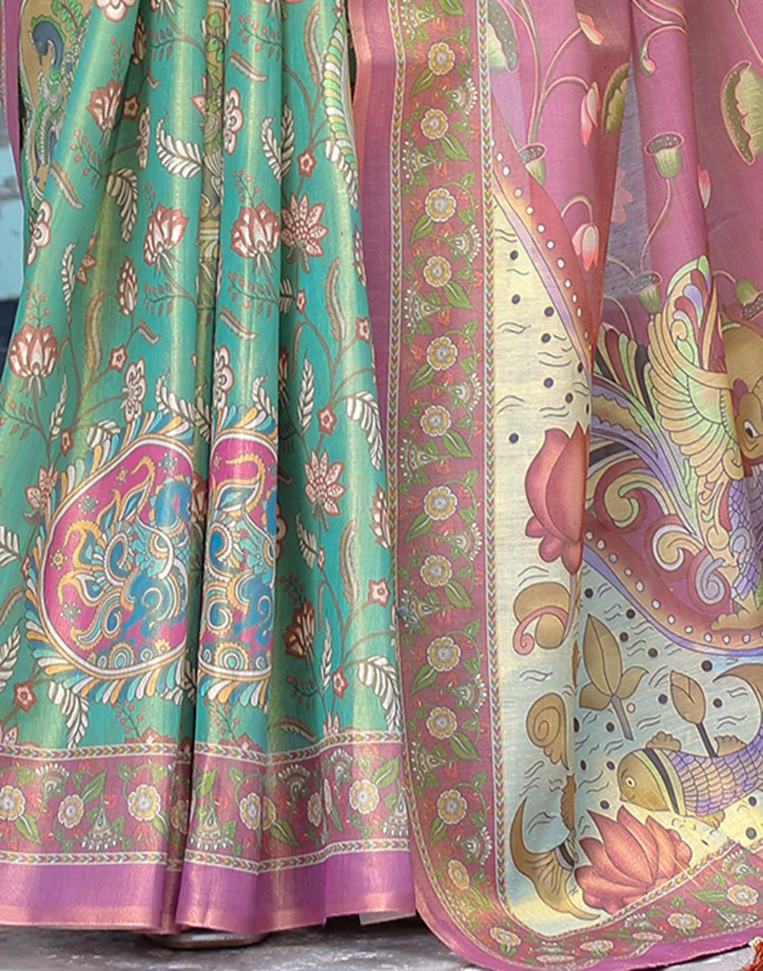Green Shimmer Silk Printed Saree - Image 13