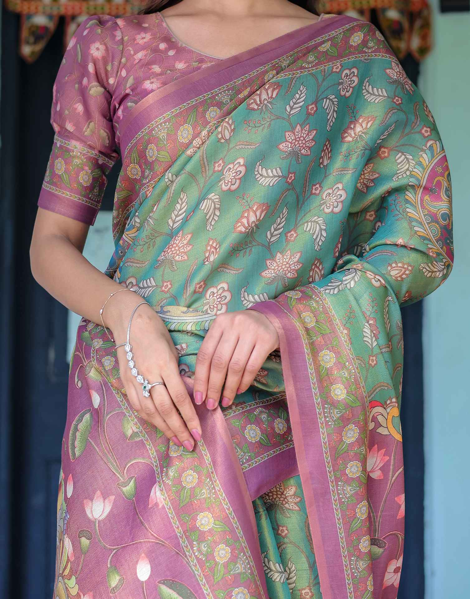 Green Shimmer Silk Printed Saree - Image 14