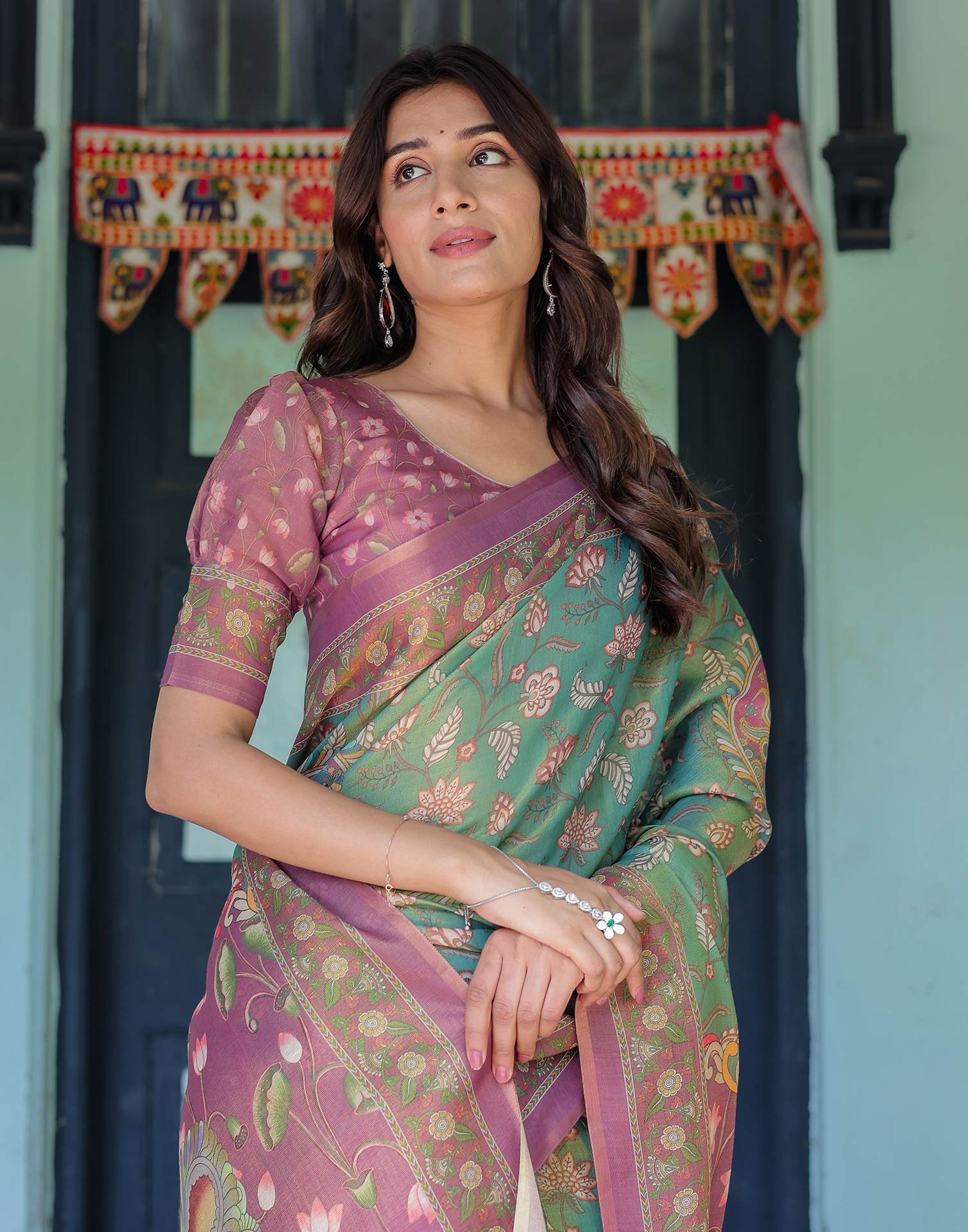 Green Shimmer Silk Printed Saree - Image 7