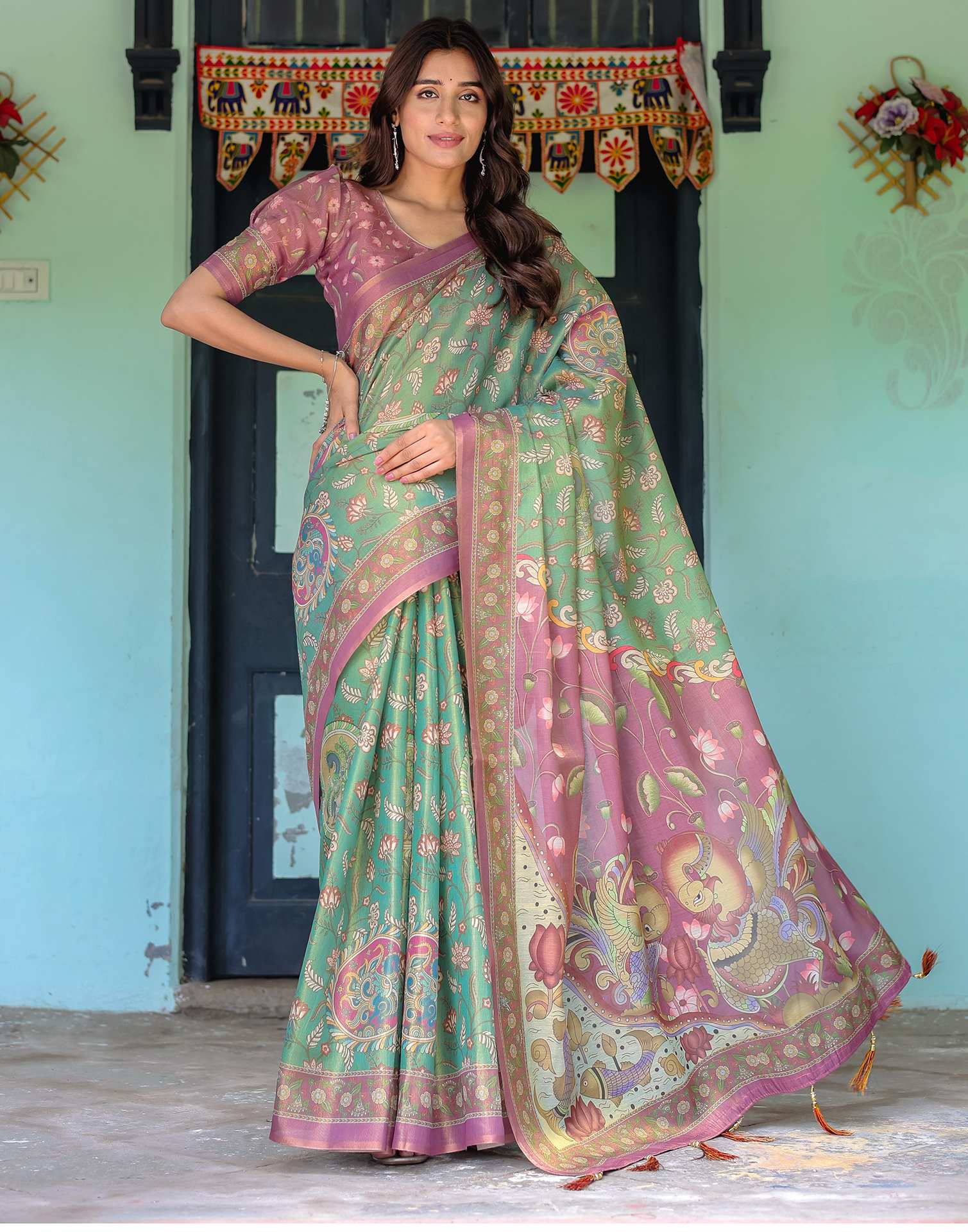 Green Shimmer Silk Printed Saree - Image 9