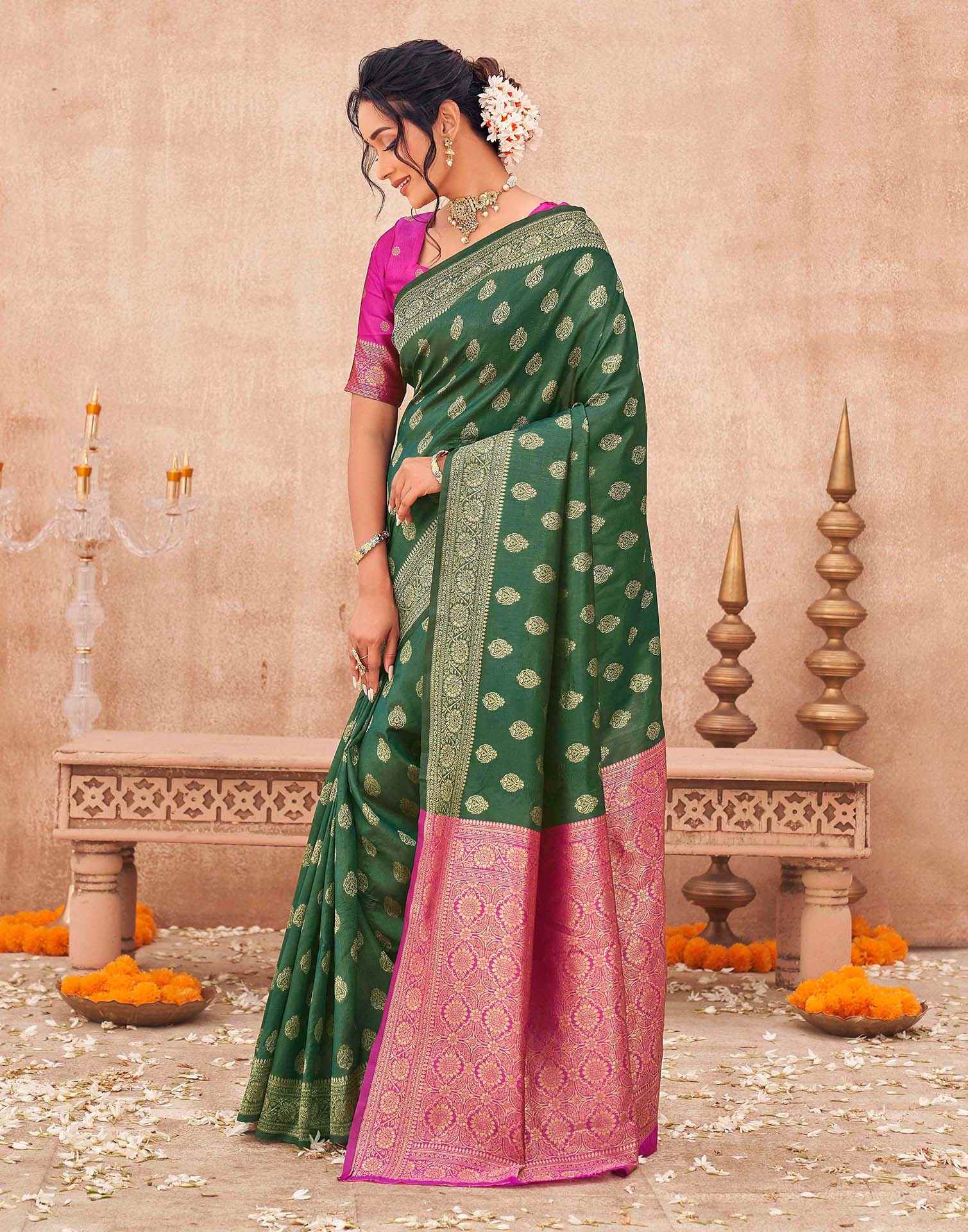 Green Shimmer Silk Woven Banarasi Saree - Image 4