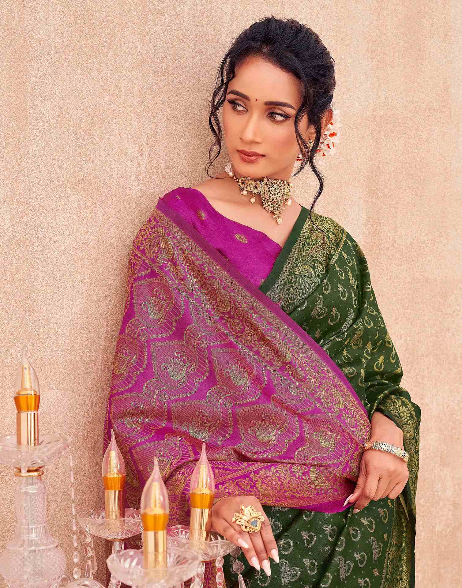 Green Shimmer Silk Woven Banarasi Saree - Image 2