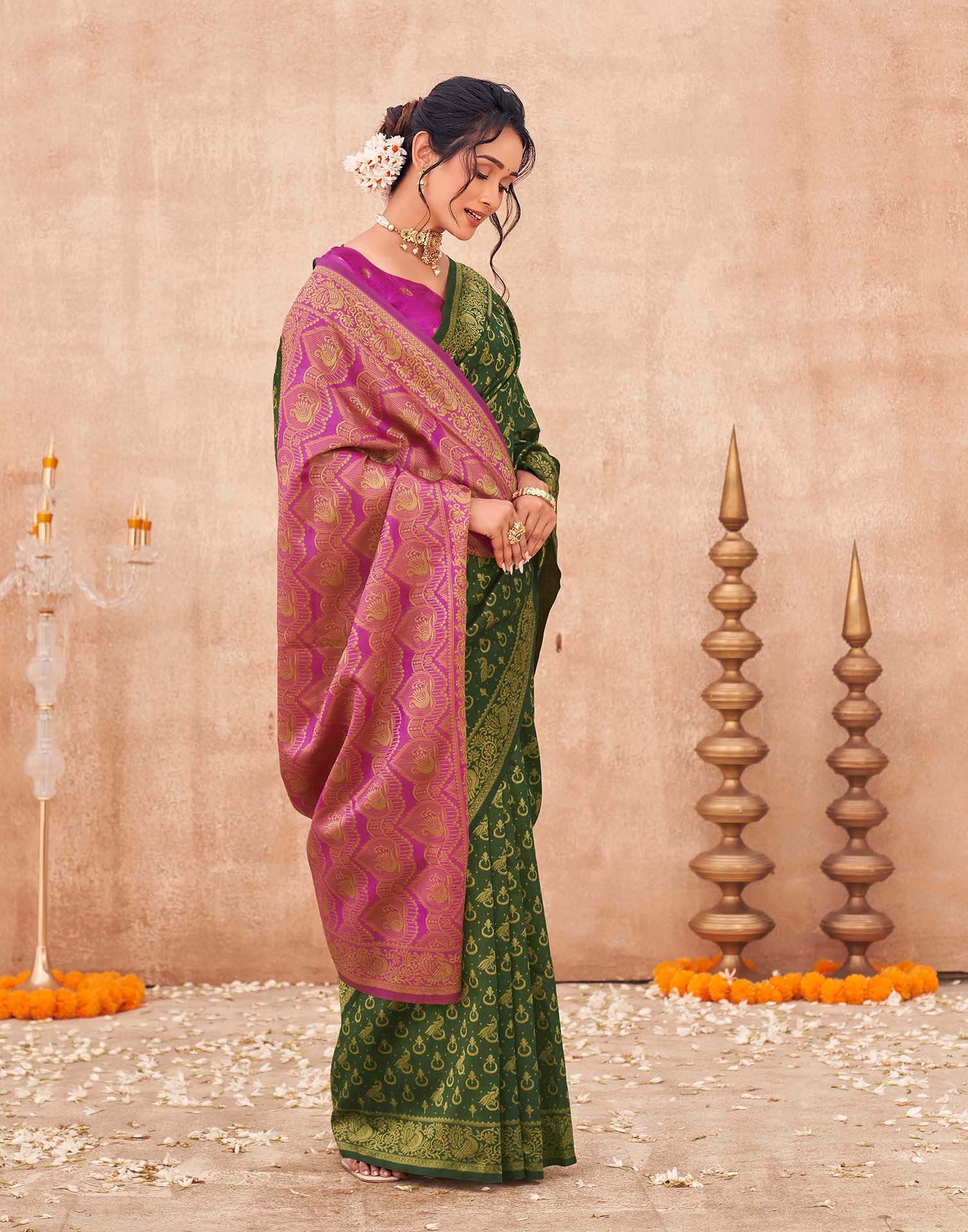 Green Shimmer Silk Woven Banarasi Saree - Image 5