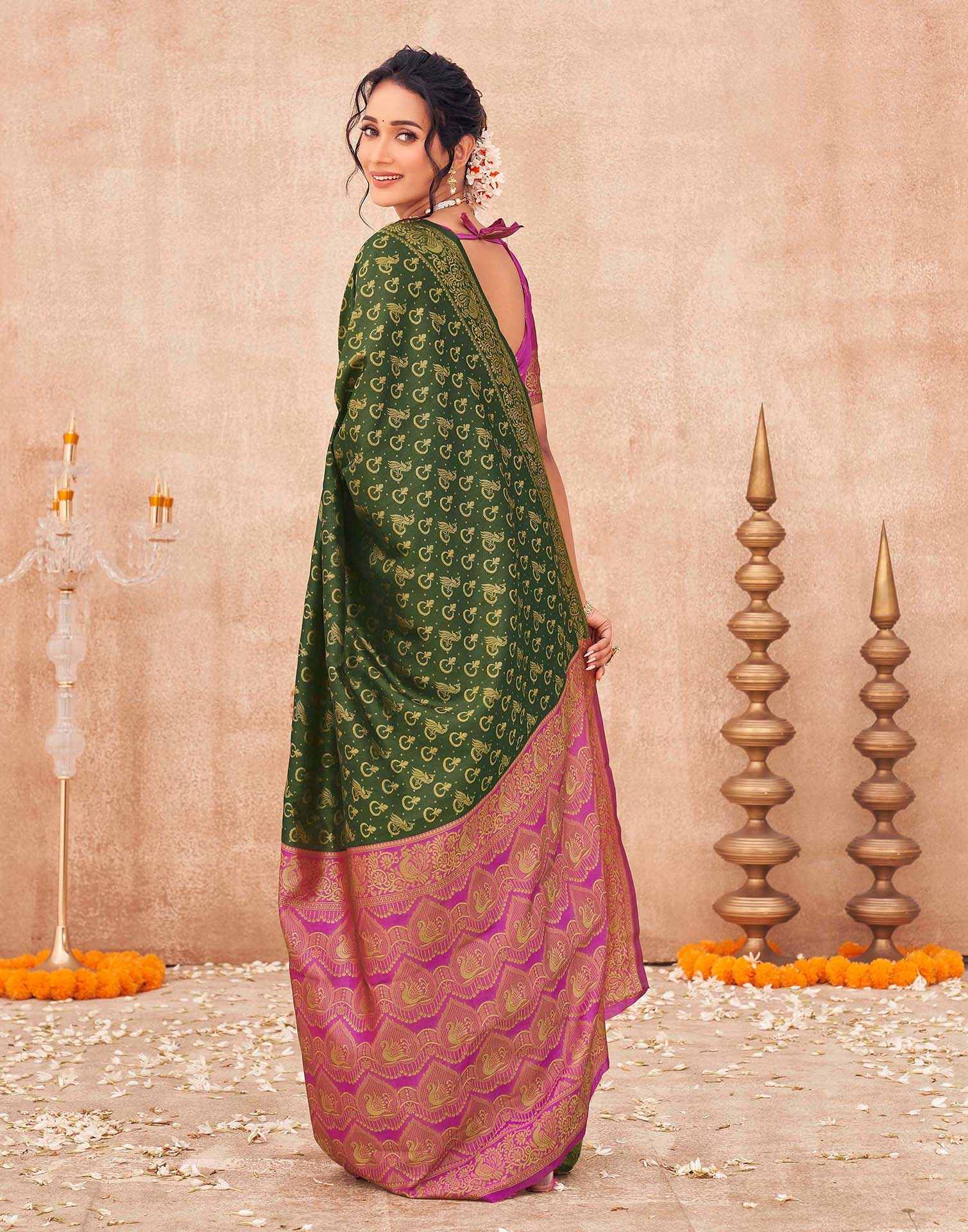 Green Shimmer Silk Woven Banarasi Saree - Image 6