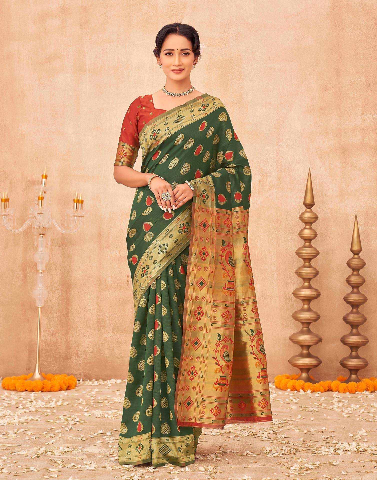 Green Shimmer Silk Woven Paithani Saree - Image 2