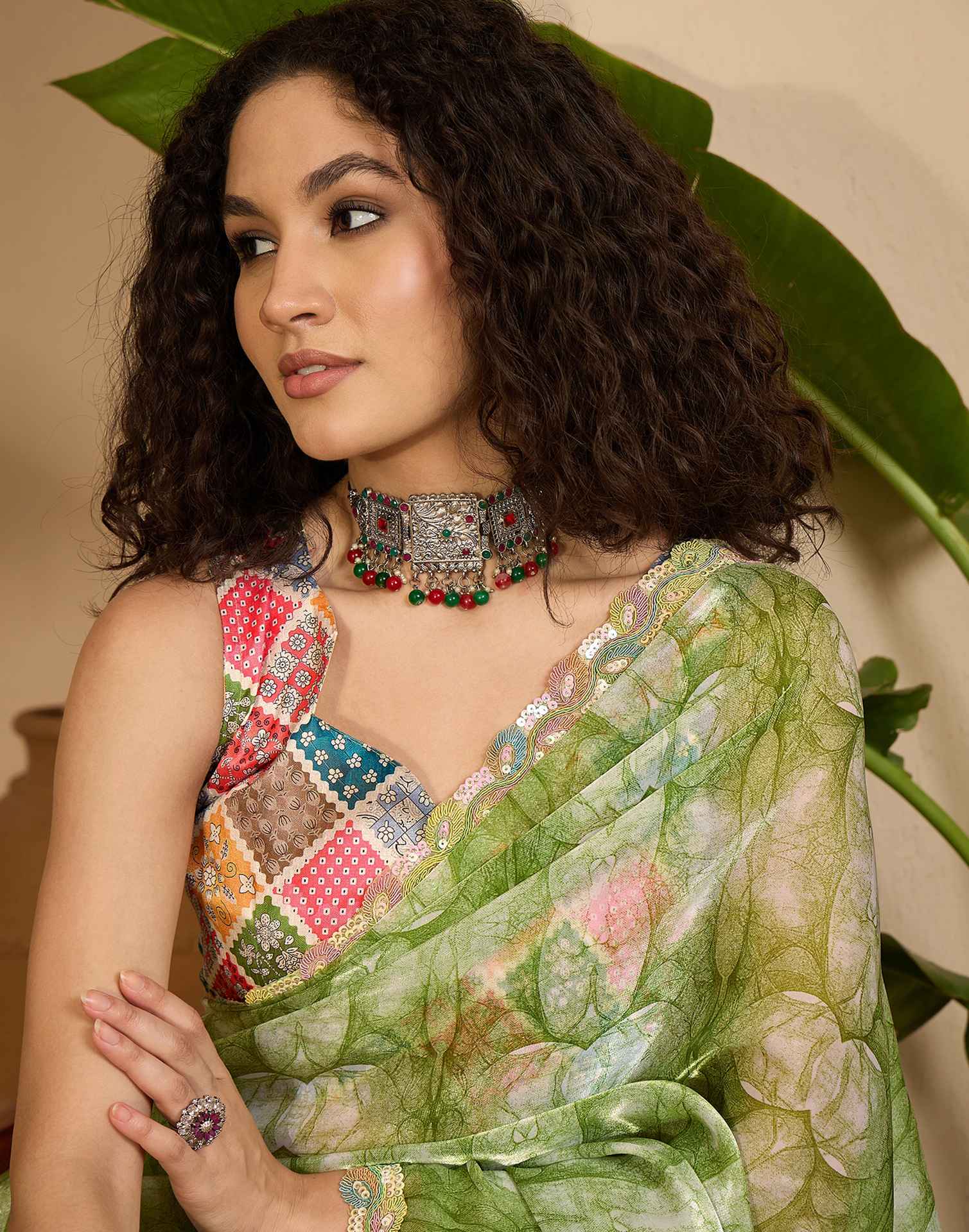 Green Shimmer Tissue Printed Lace saree - Image 2