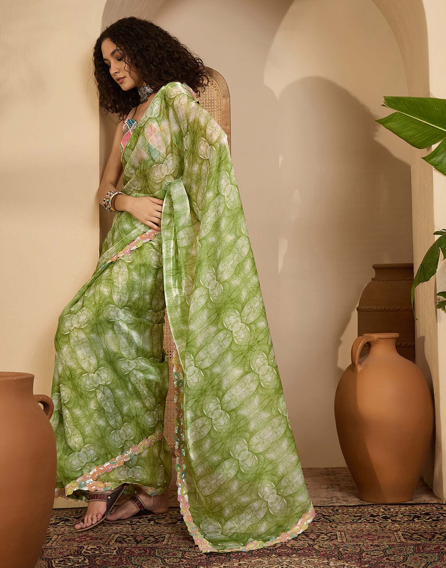 Green Shimmer Tissue Printed Lace saree - Image 4