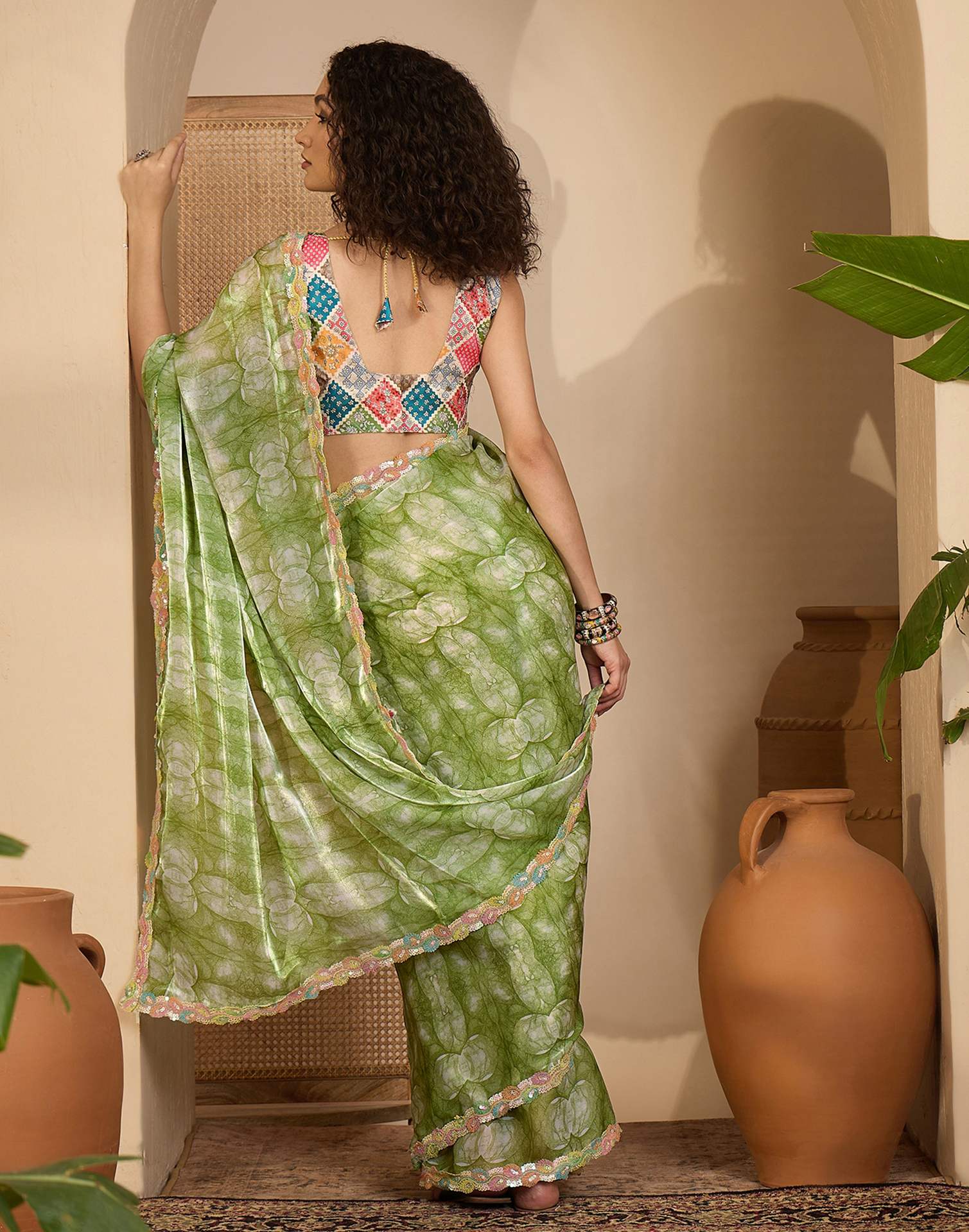 Green Shimmer Tissue Printed Lace saree - Image 6