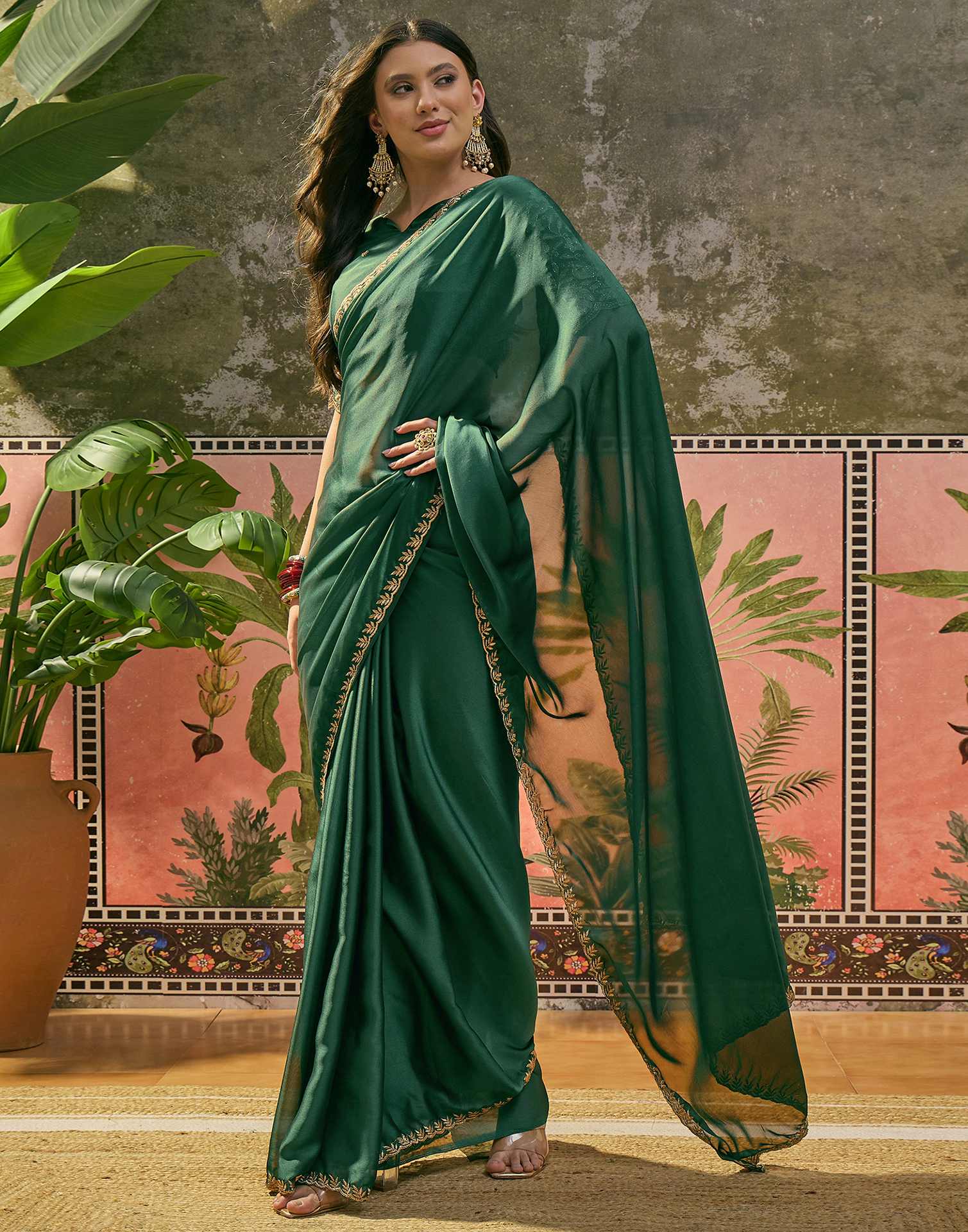 Green Silk Embroidery Saree - Image 4