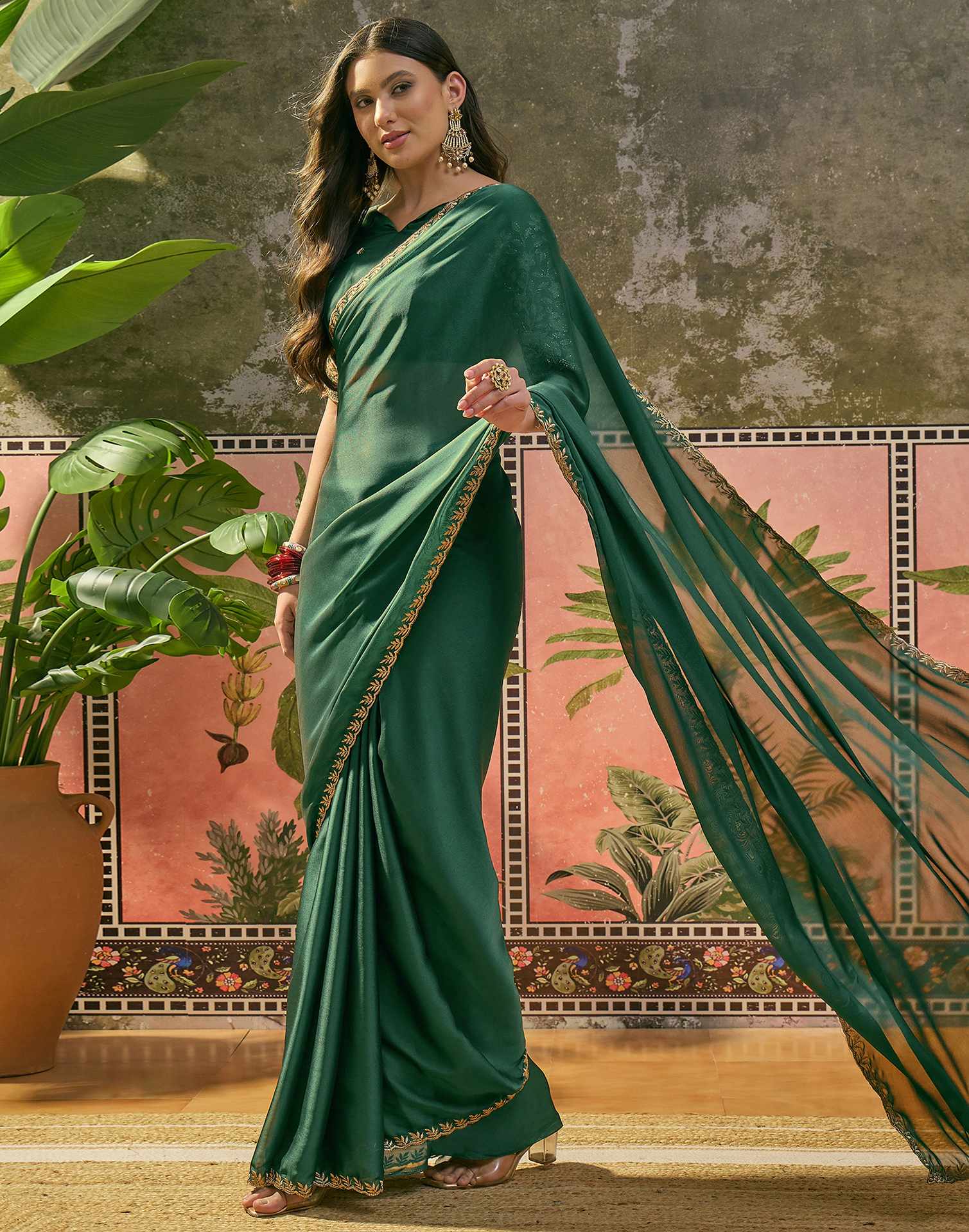 Green Silk Embroidery Saree - Image 5