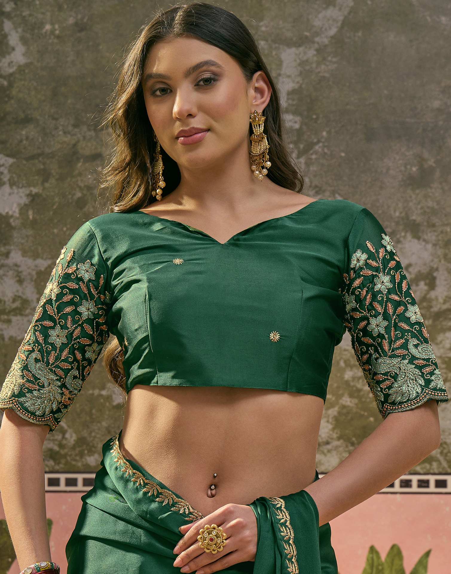 Green Silk Embroidery Saree - Image 7