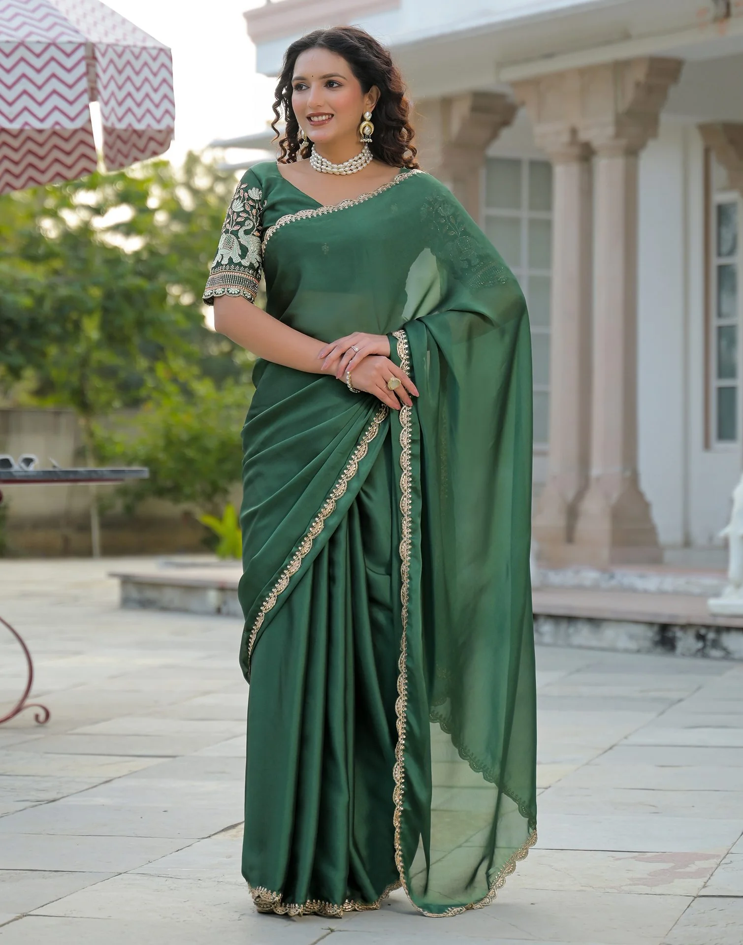 Green Silk Embroidery Saree - Image 2