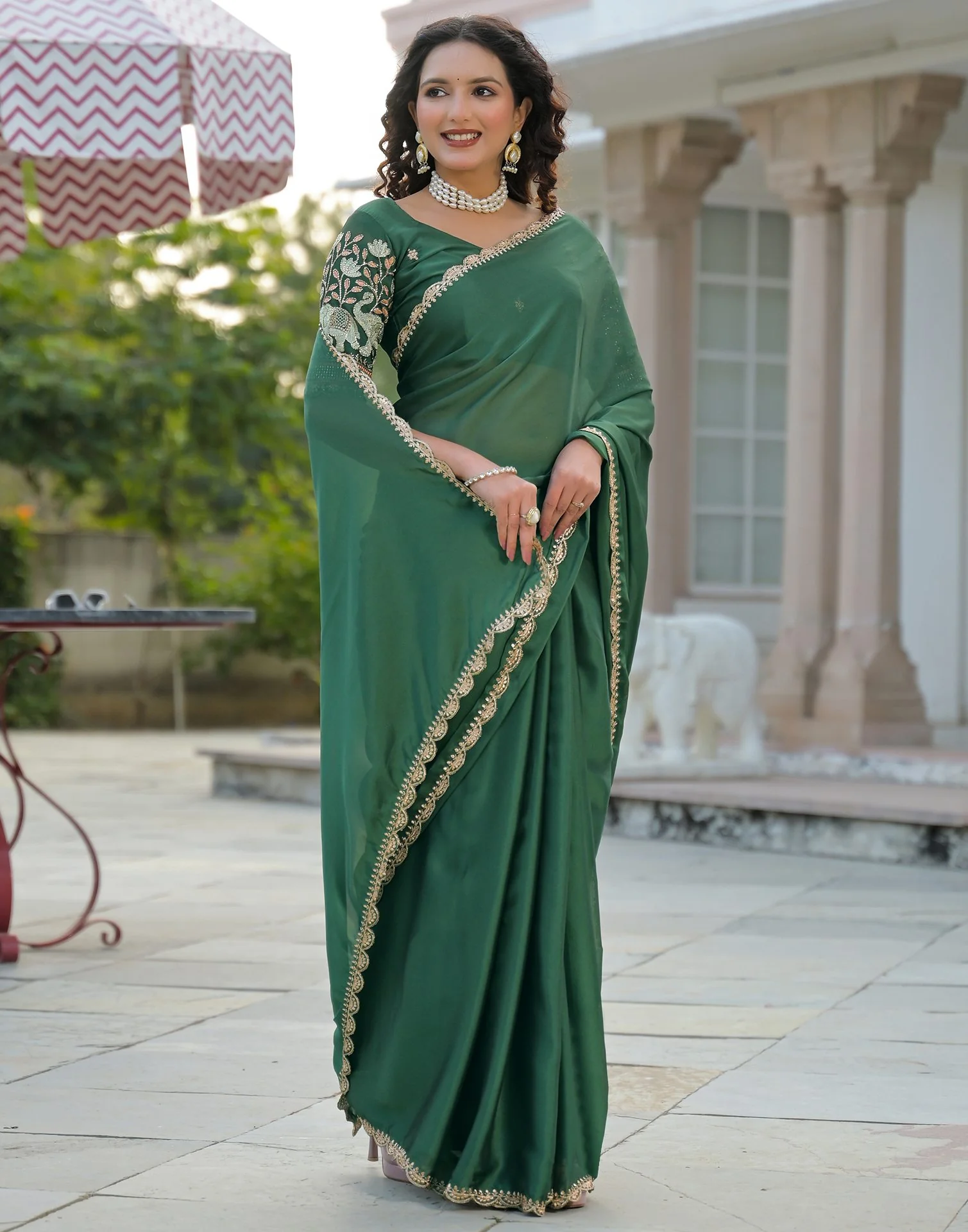 Green Silk Embroidery Saree - Image 5