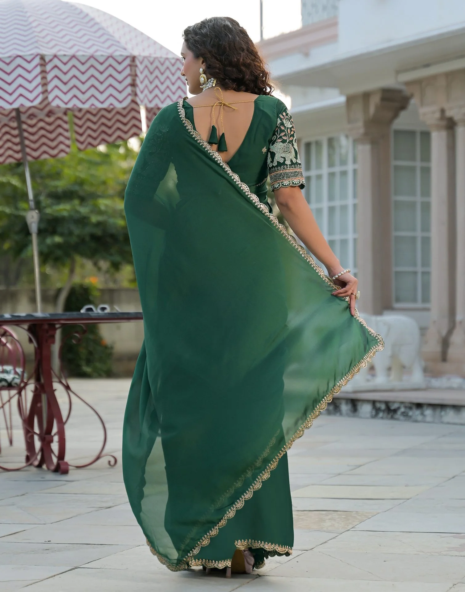 Green Silk Embroidery Saree - Image 6