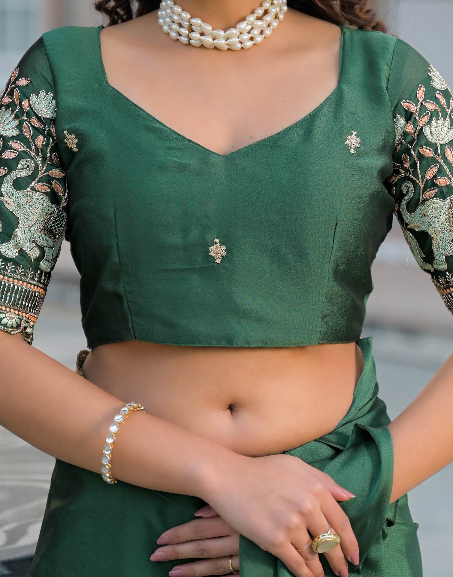 Green Silk Embroidery Saree - Image 8