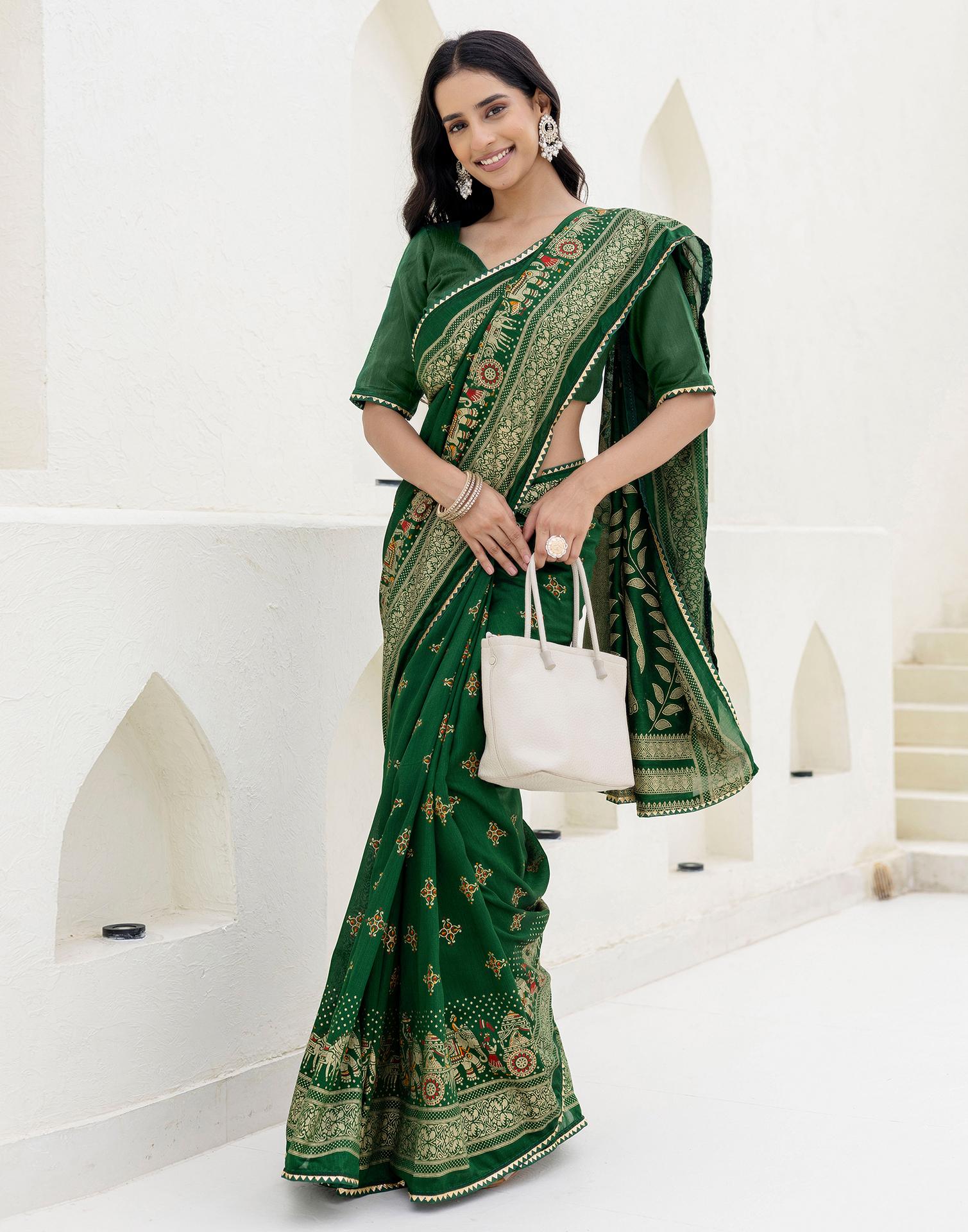 Green Silk Foil Printed Saree - Image 5