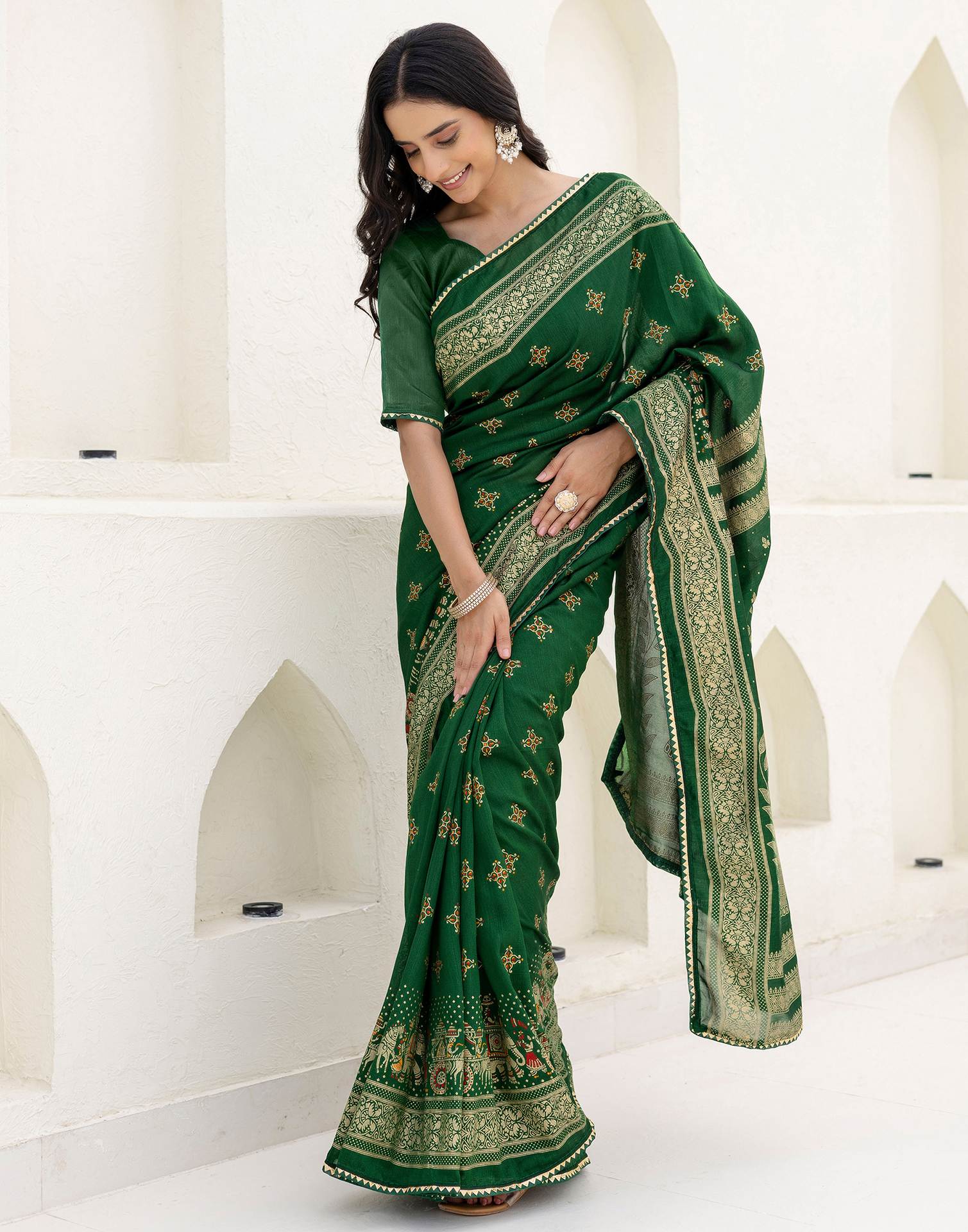 Green Silk Foil Printed Saree - Image 7