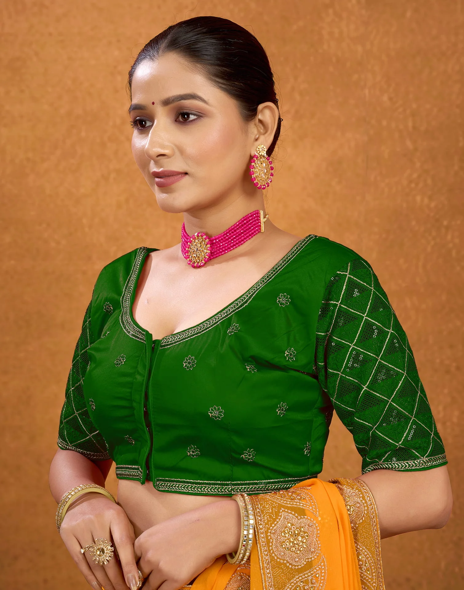 Green Silk Plain Embroidery Blouse - Image 4