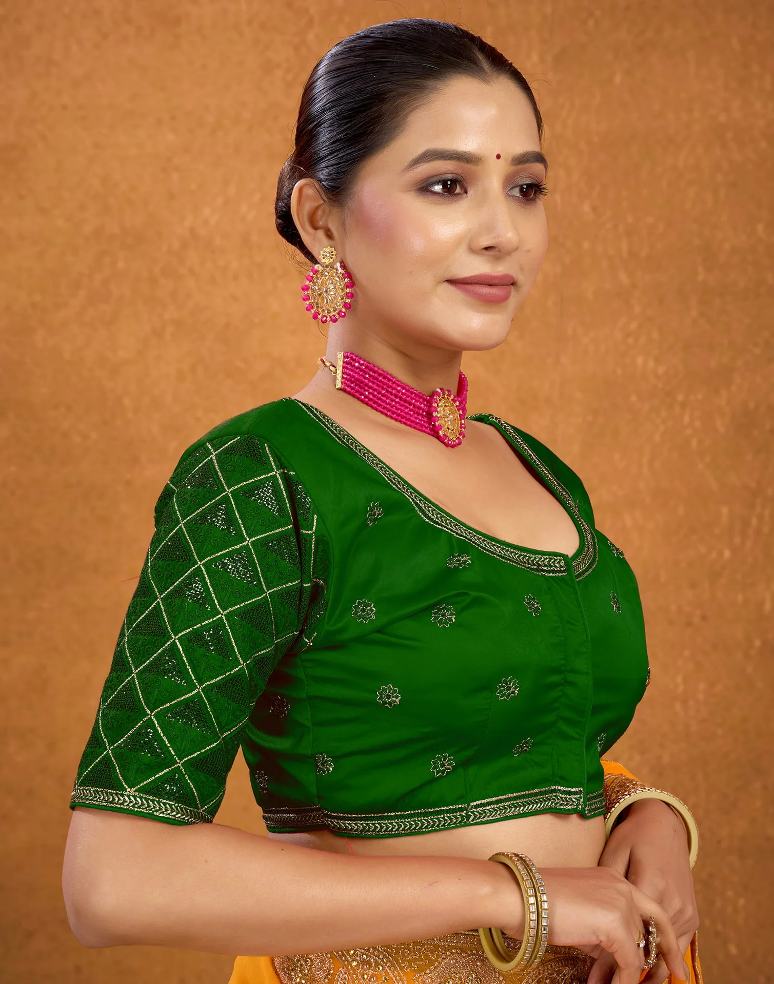 Green Silk Plain Embroidery Blouse - Image 5