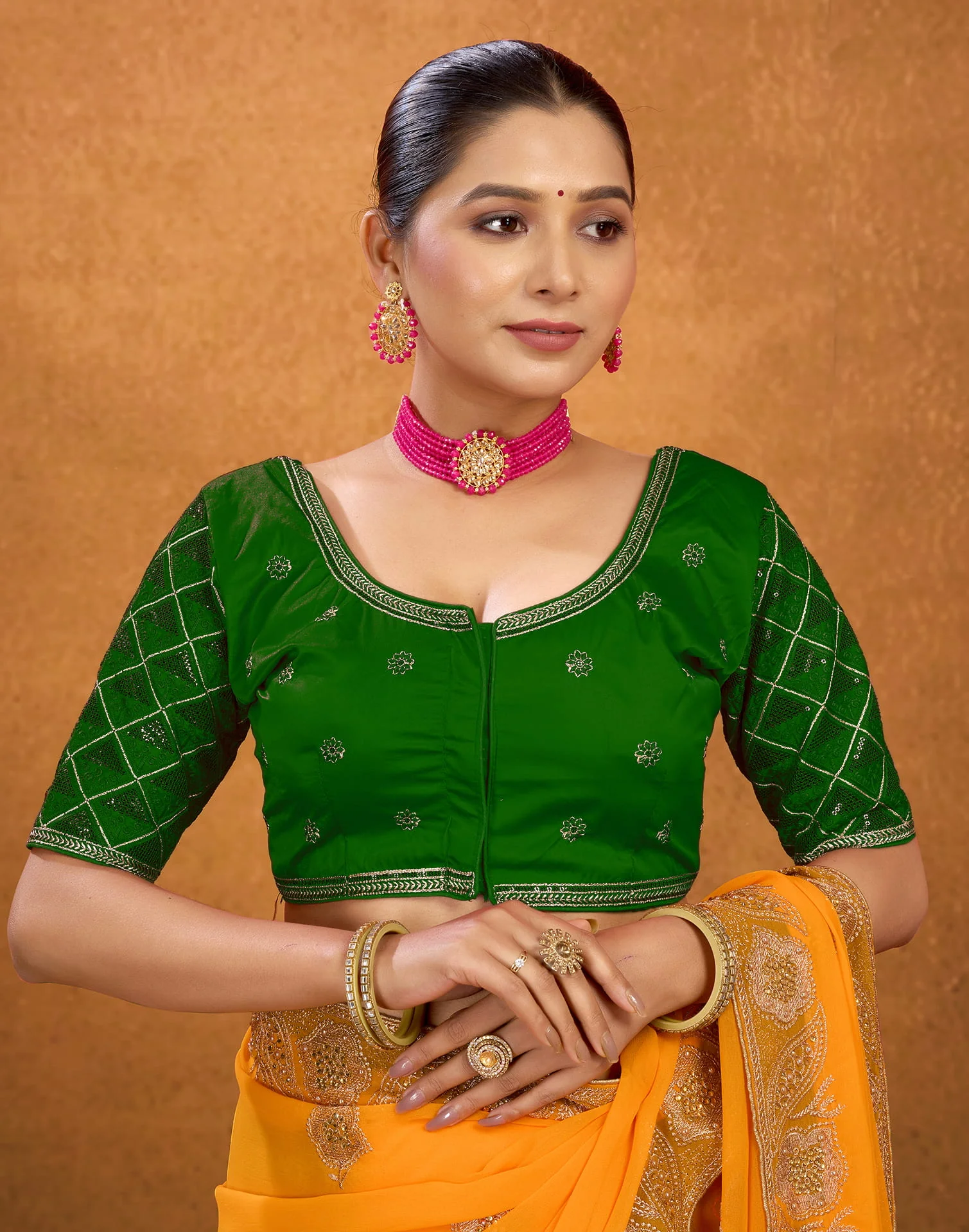 Green Silk Plain Embroidery Blouse - Image 6
