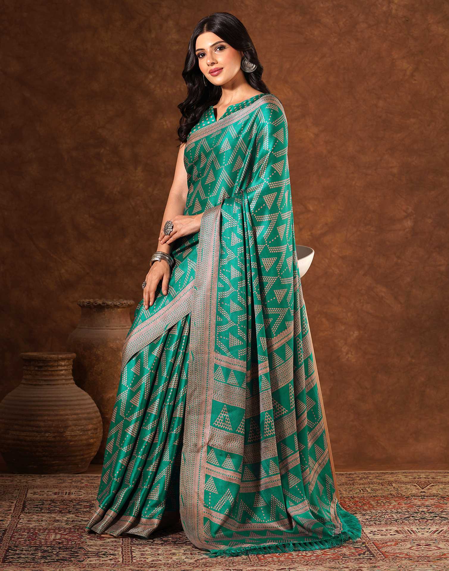 Green Silk Printed Saree - Image 6