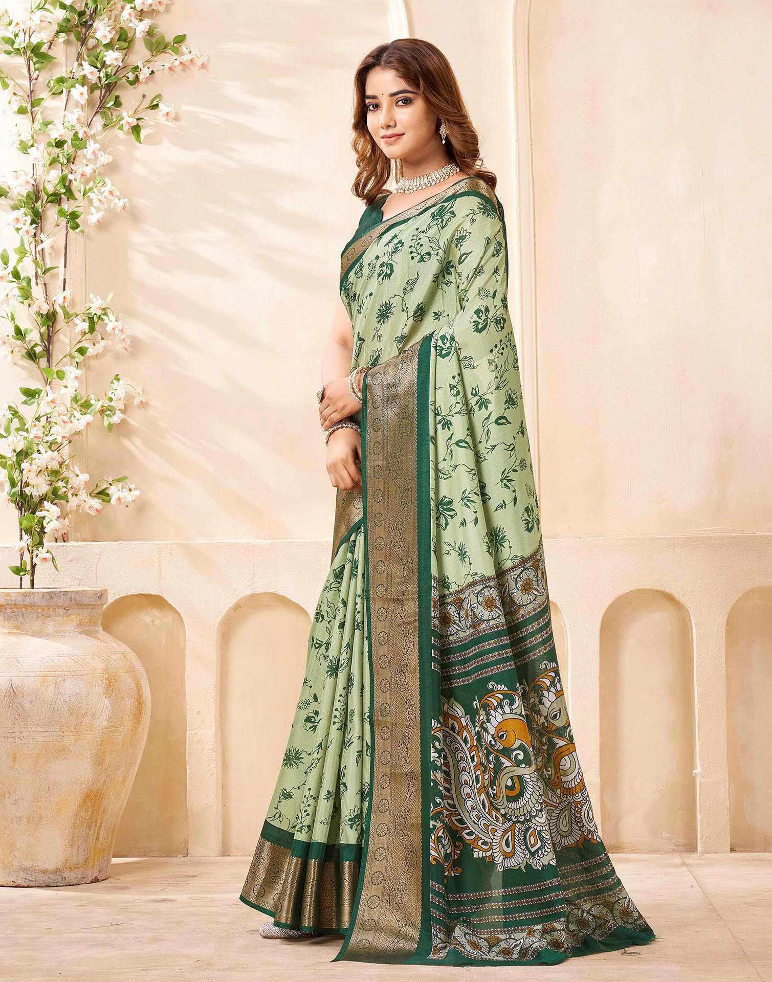 Green Silk Printed Saree - Image 4