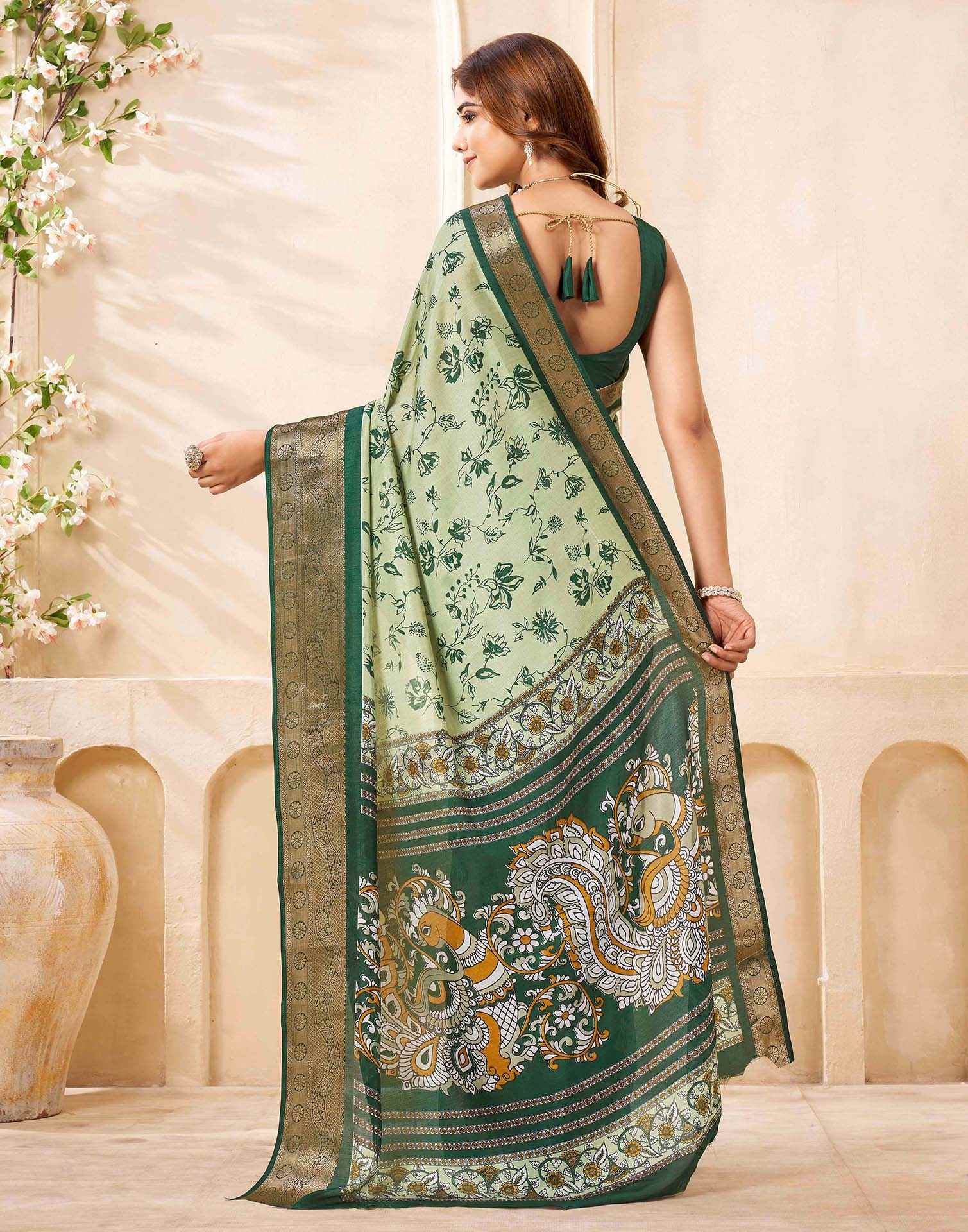 Green Silk Printed Saree - Image 5