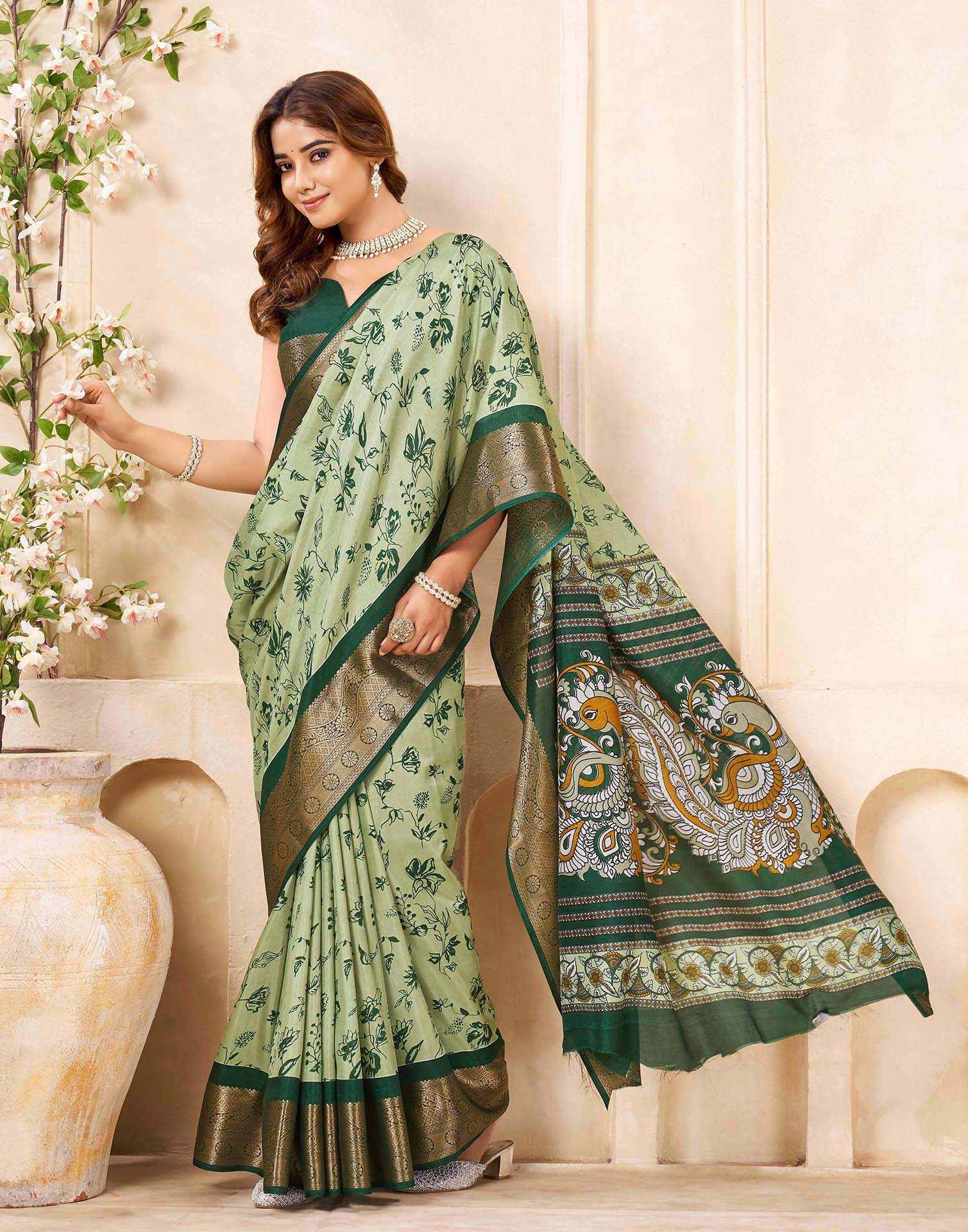 Green Silk Printed Saree - Image 6