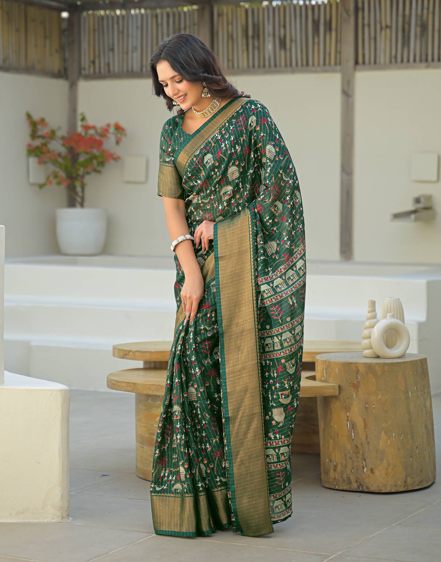 Green Silk Printed Zari Stripe SareeĀ - Image 4