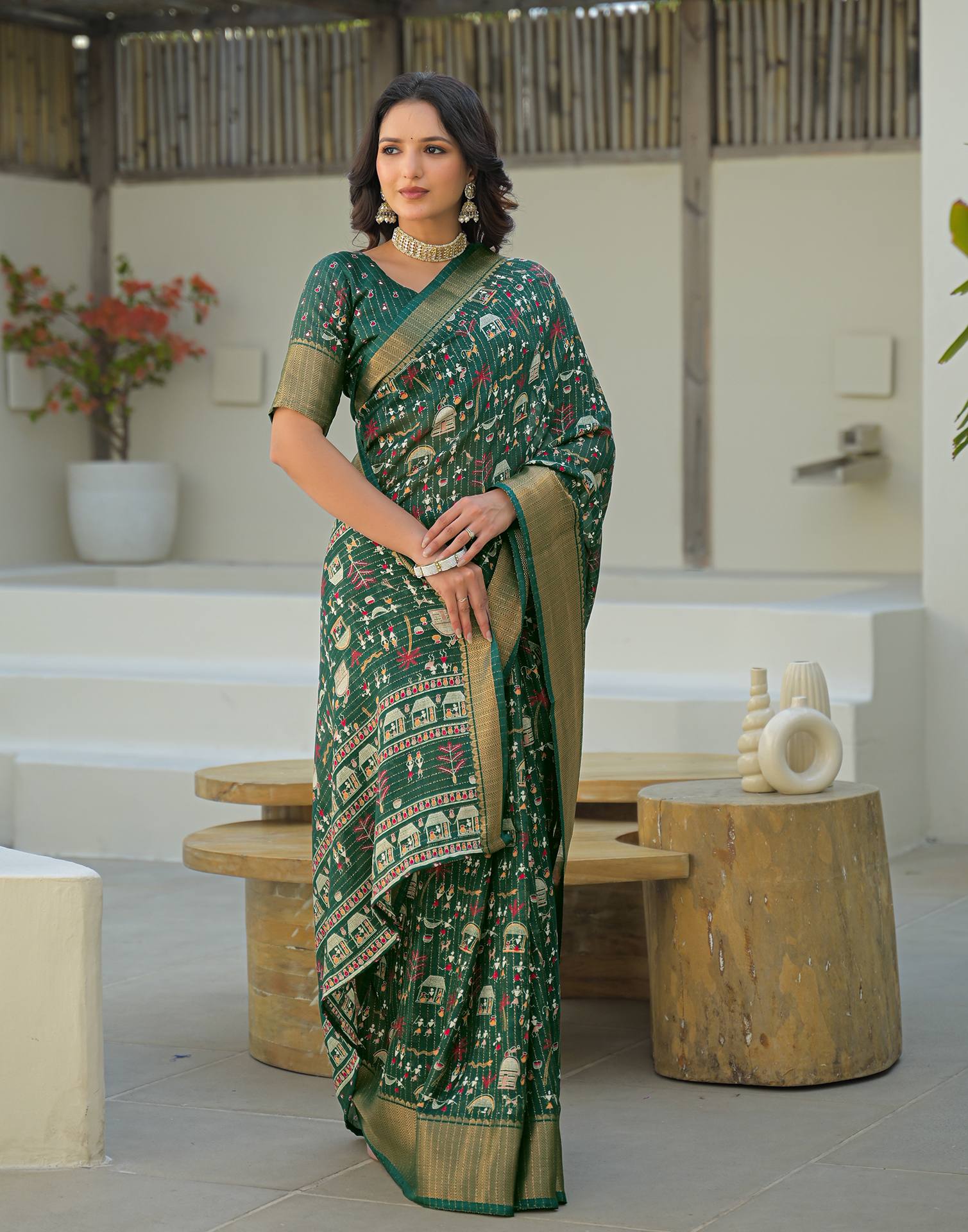 Green Silk Printed Zari Stripe SareeĀ - Image 5