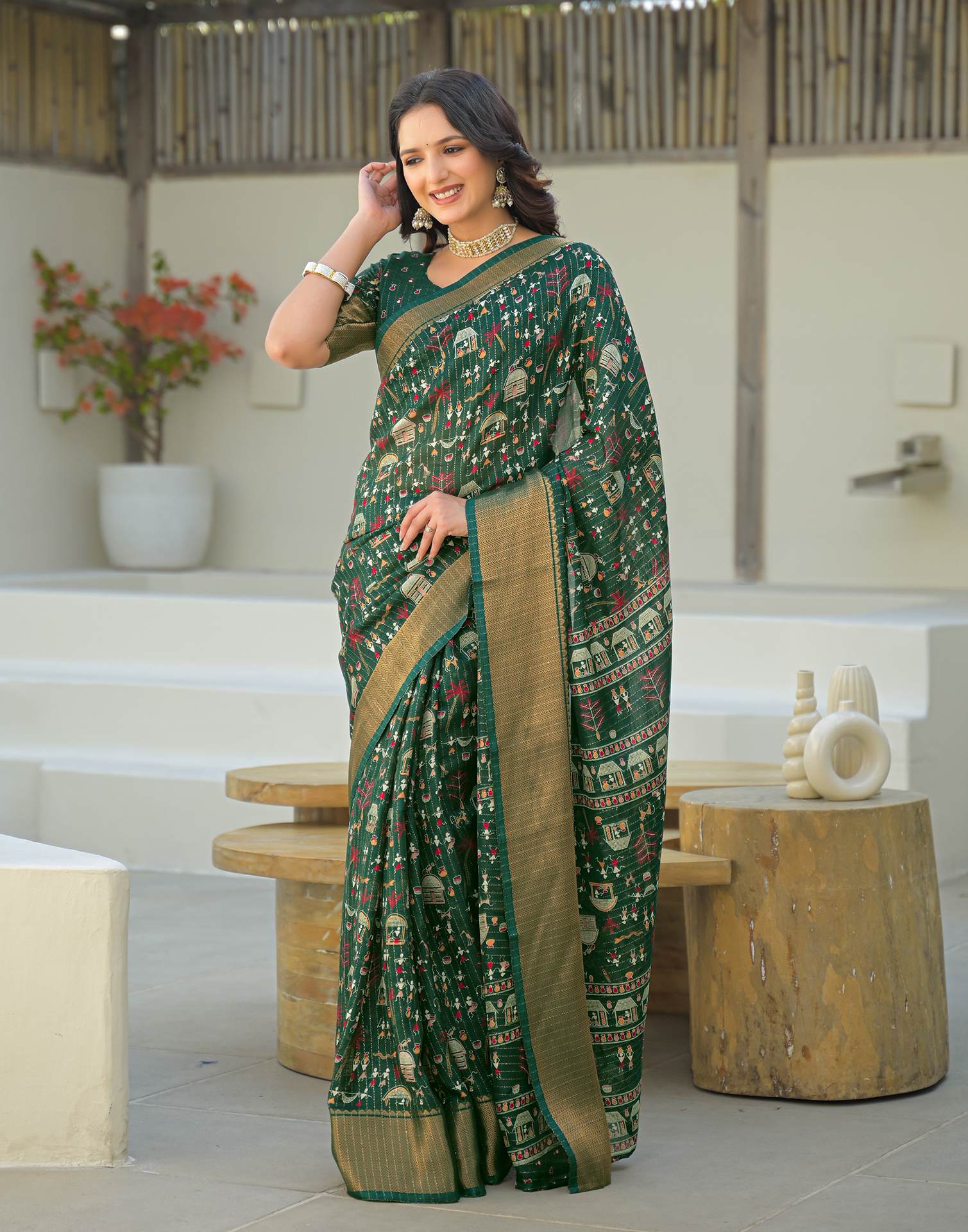 Green Silk Printed Zari Stripe SareeĀ - Image 7